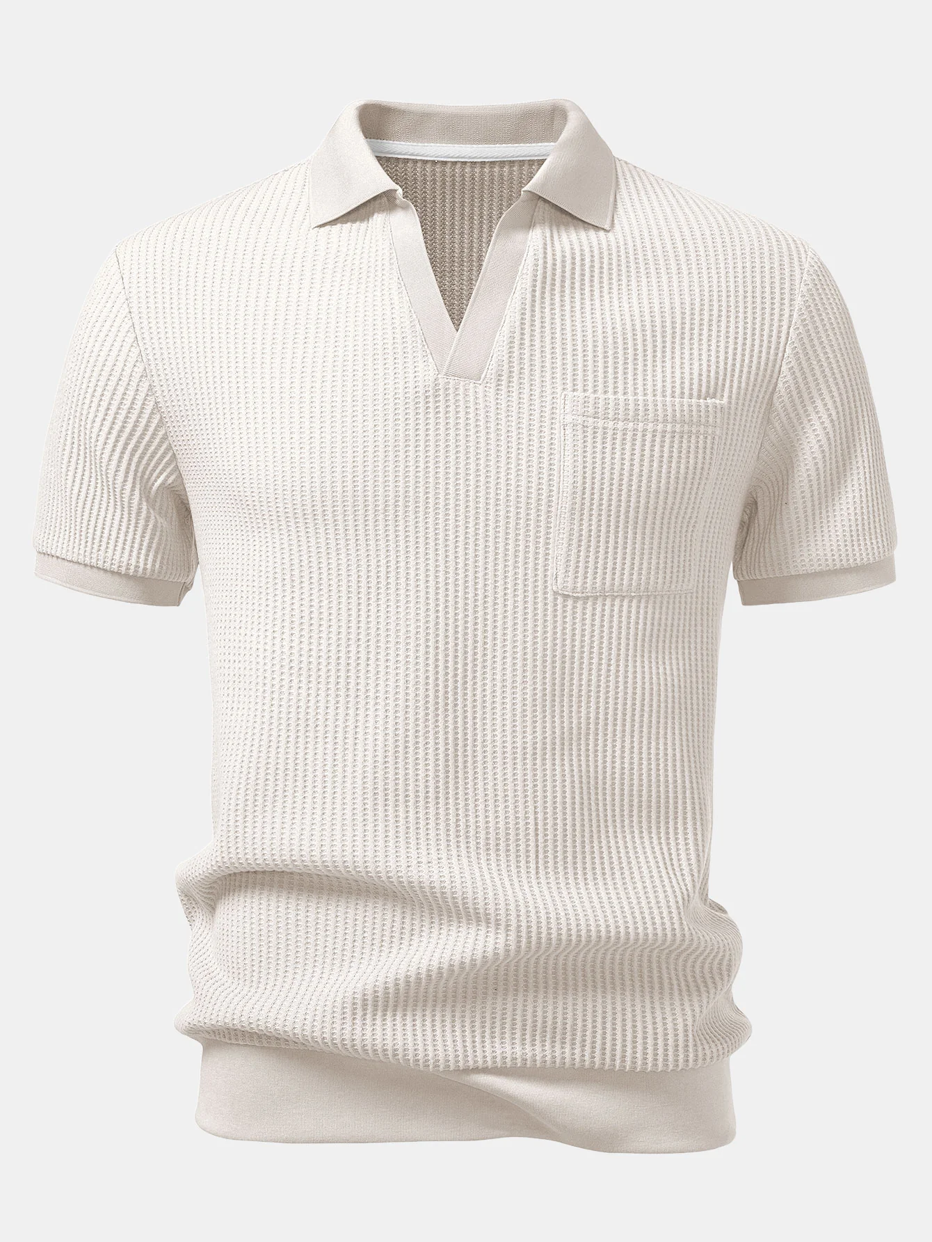 Waffle Johnny Collar Polo With Pocket & Drawstring Knitted Waffle Shorts - Image 6