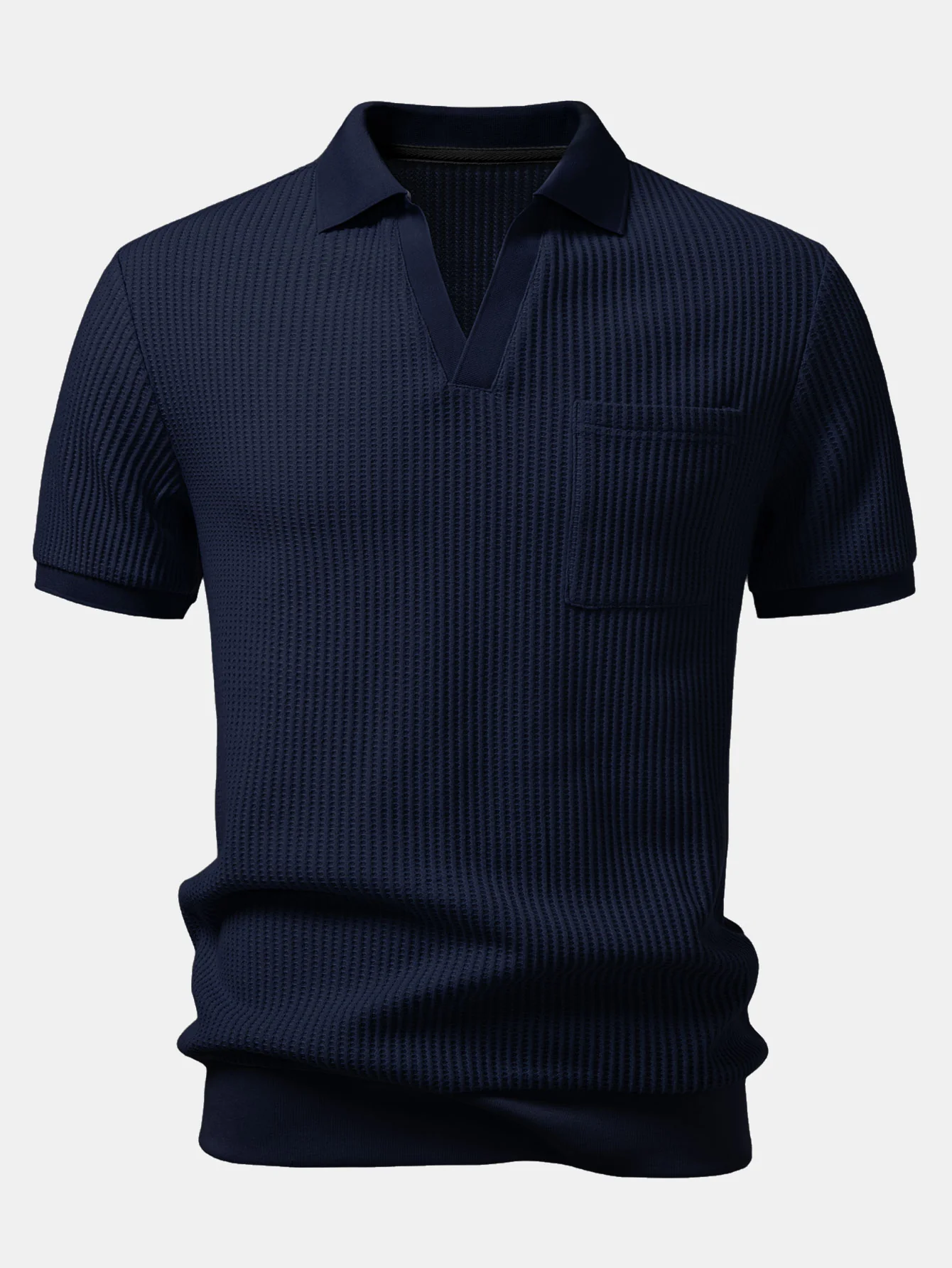 Waffle Johnny Collar Polo With Pocket & Drawstring Knitted Waffle Shorts - Image 8