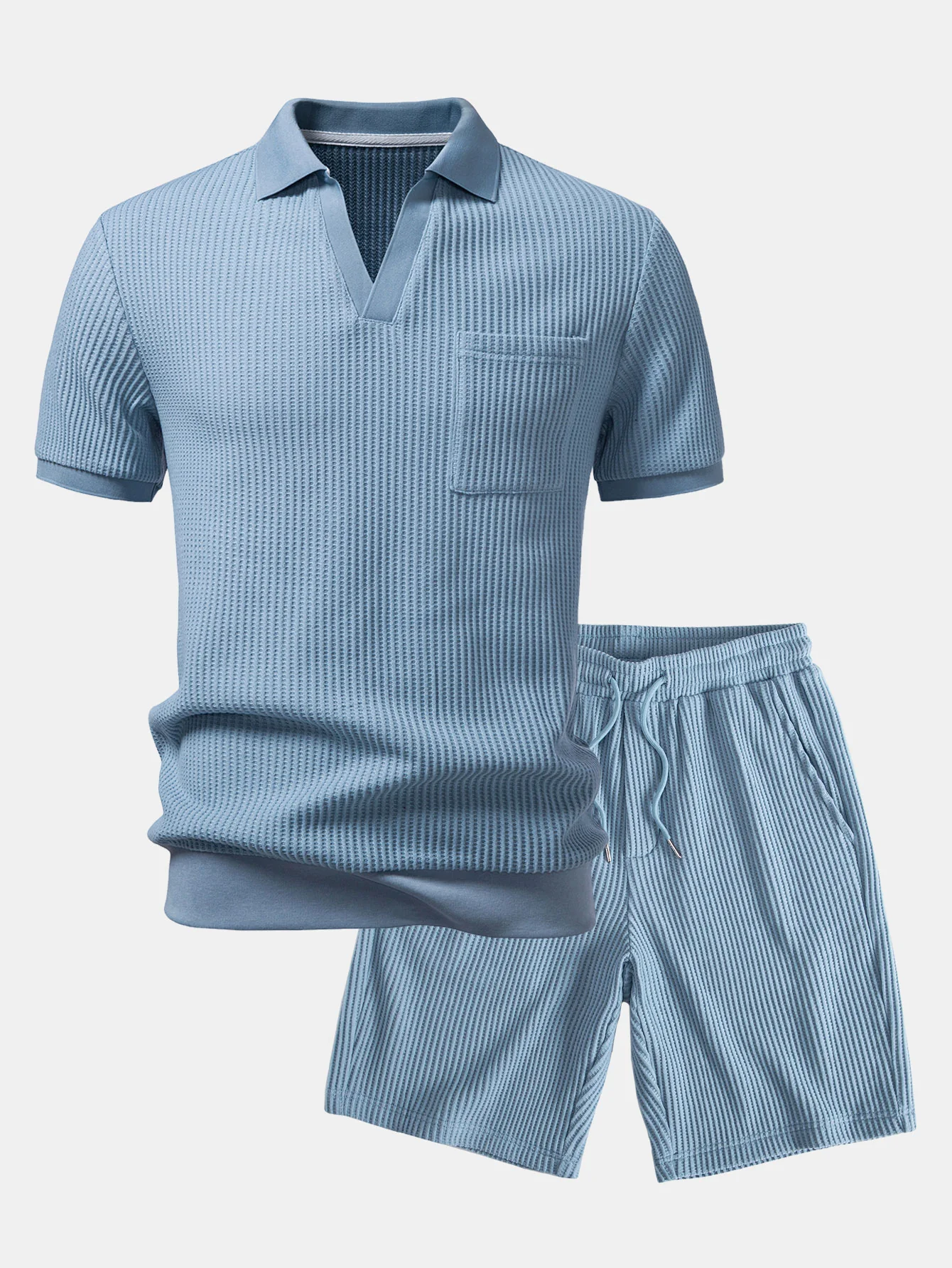 Waffle Johnny Collar Polo With Pocket & Drawstring Knitted Waffle Shorts - Image 2