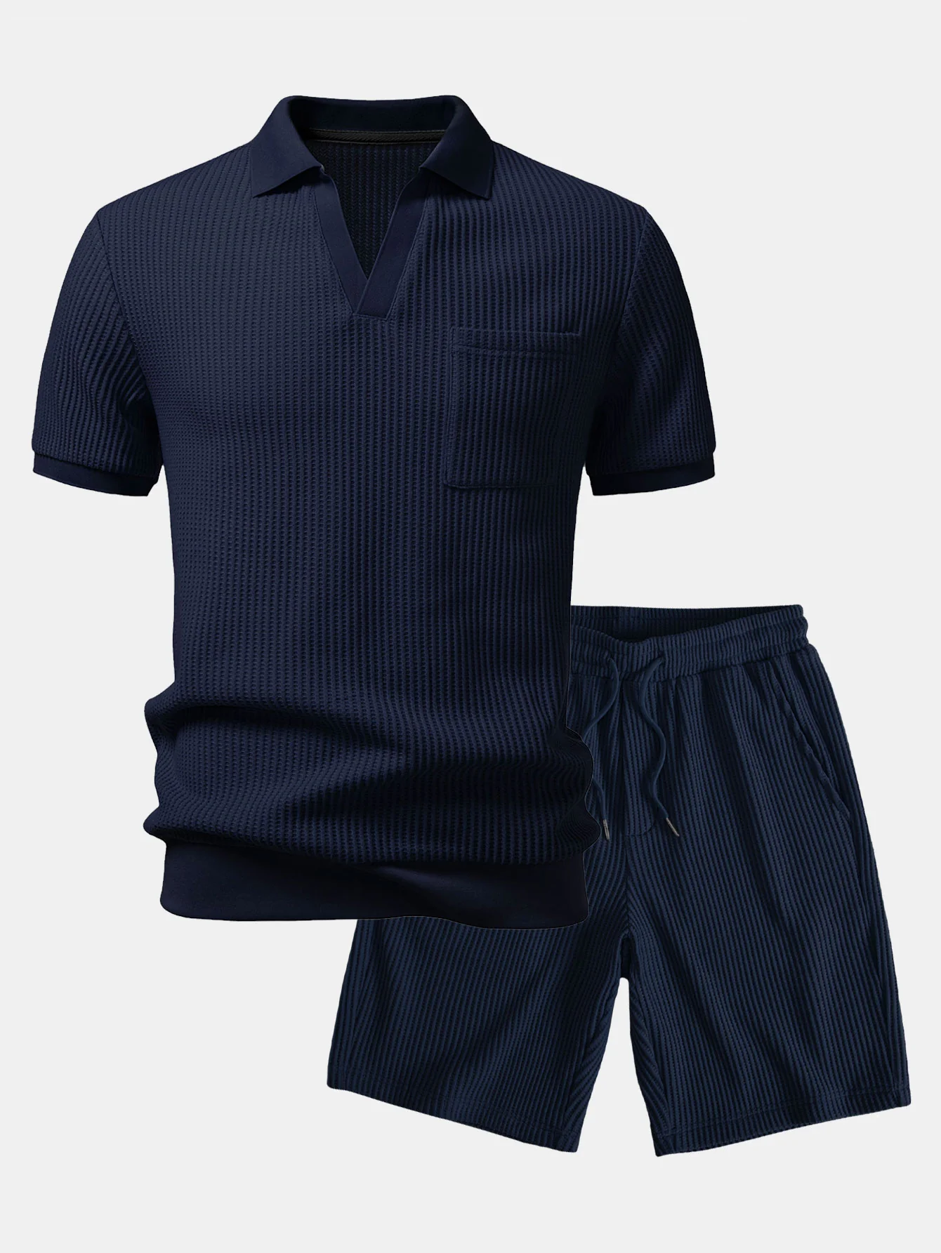 Waffle Johnny Collar Polo With Pocket & Drawstring Knitted Waffle Shorts - Image 3