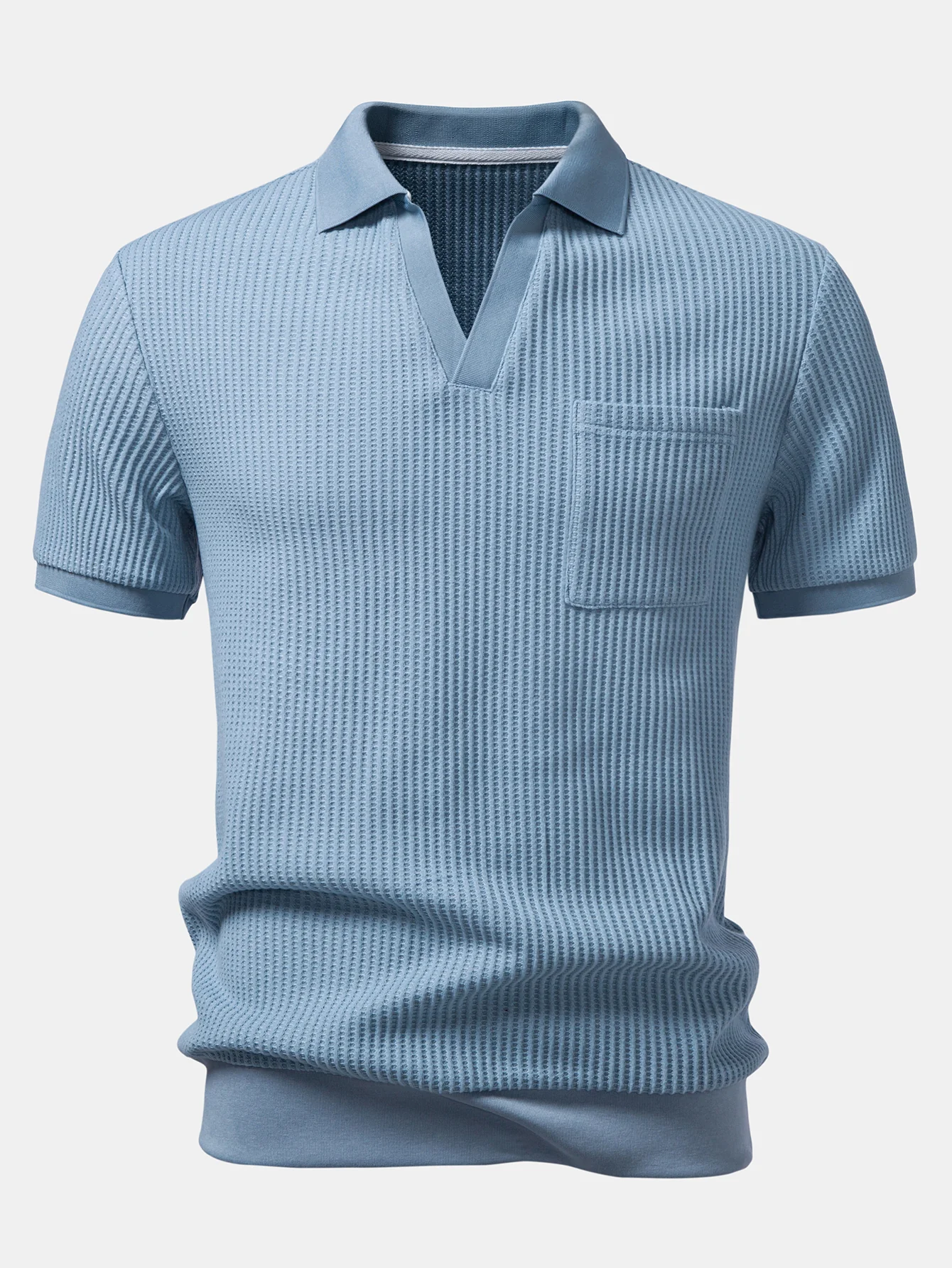 Waffle Johnny Collar Polo With Pocket & Drawstring Knitted Waffle Shorts - Image 4