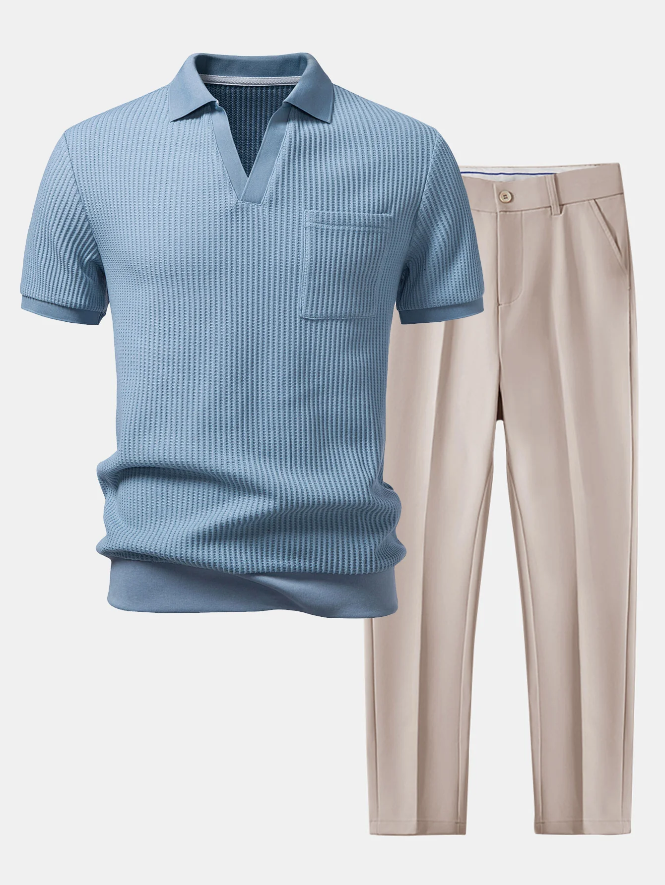 Waffle Johnny Collar Polo With Pocket & Slim Fit Tapered Trousers - Image 2
