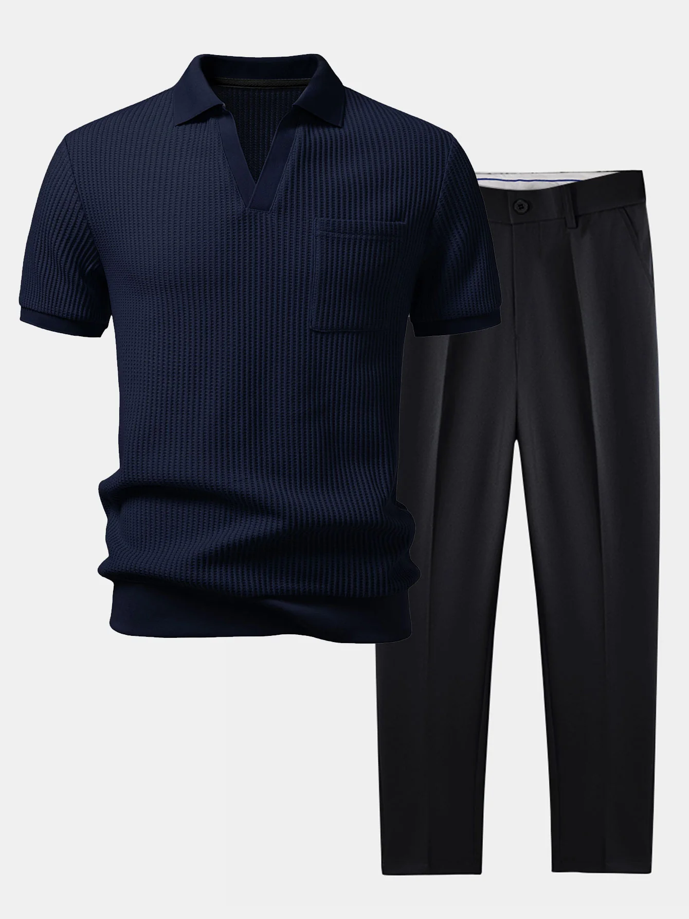 Waffle Johnny Collar Polo With Pocket & Slim Fit Tapered Trousers - Image 3