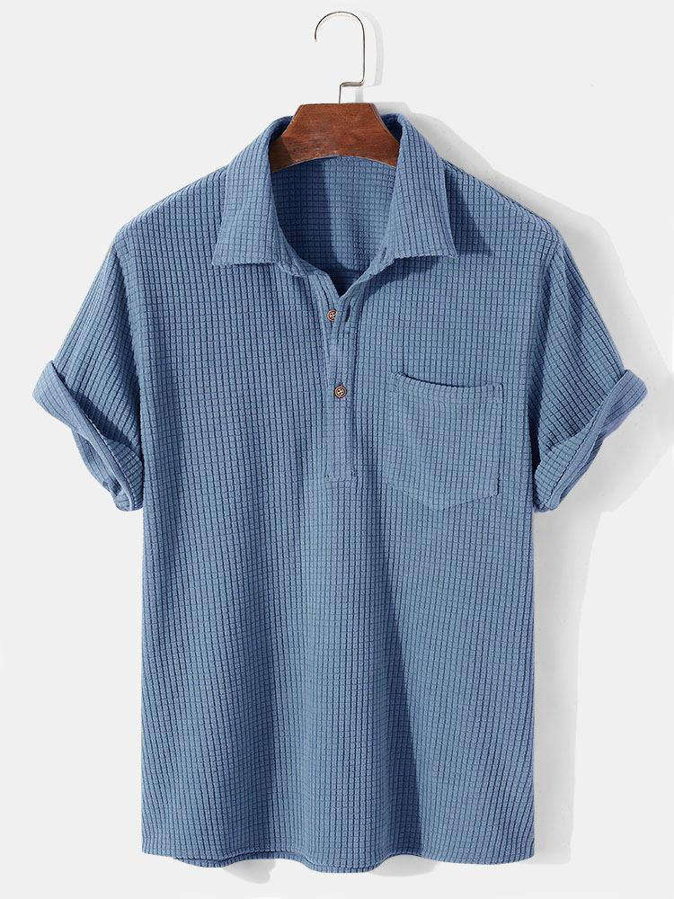 Hoooyi Waffle Revers Einfarbige Henley-Shirts - Image 4
