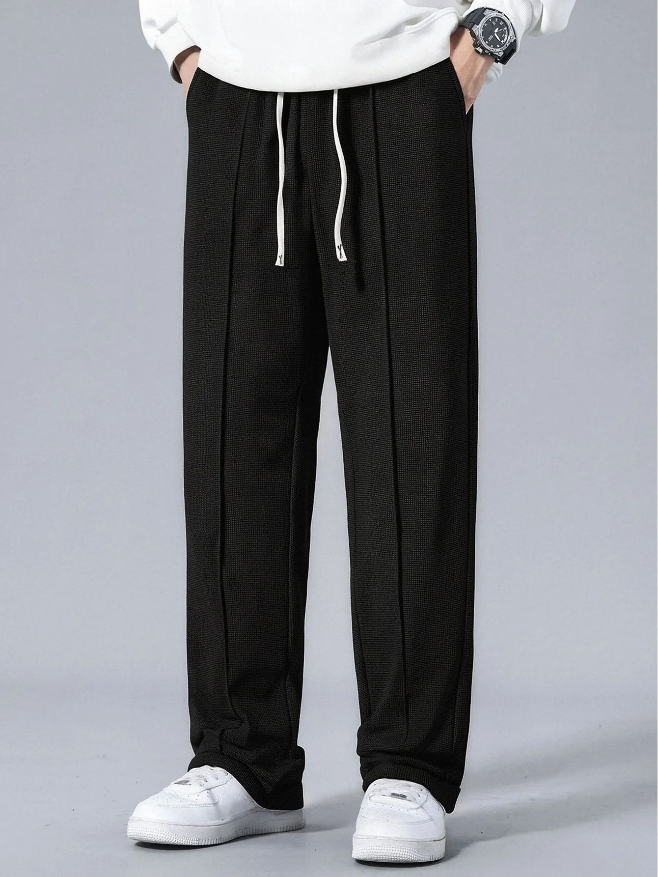 Waffle Pleated Pintuck Straight Leg Pants - Image 3