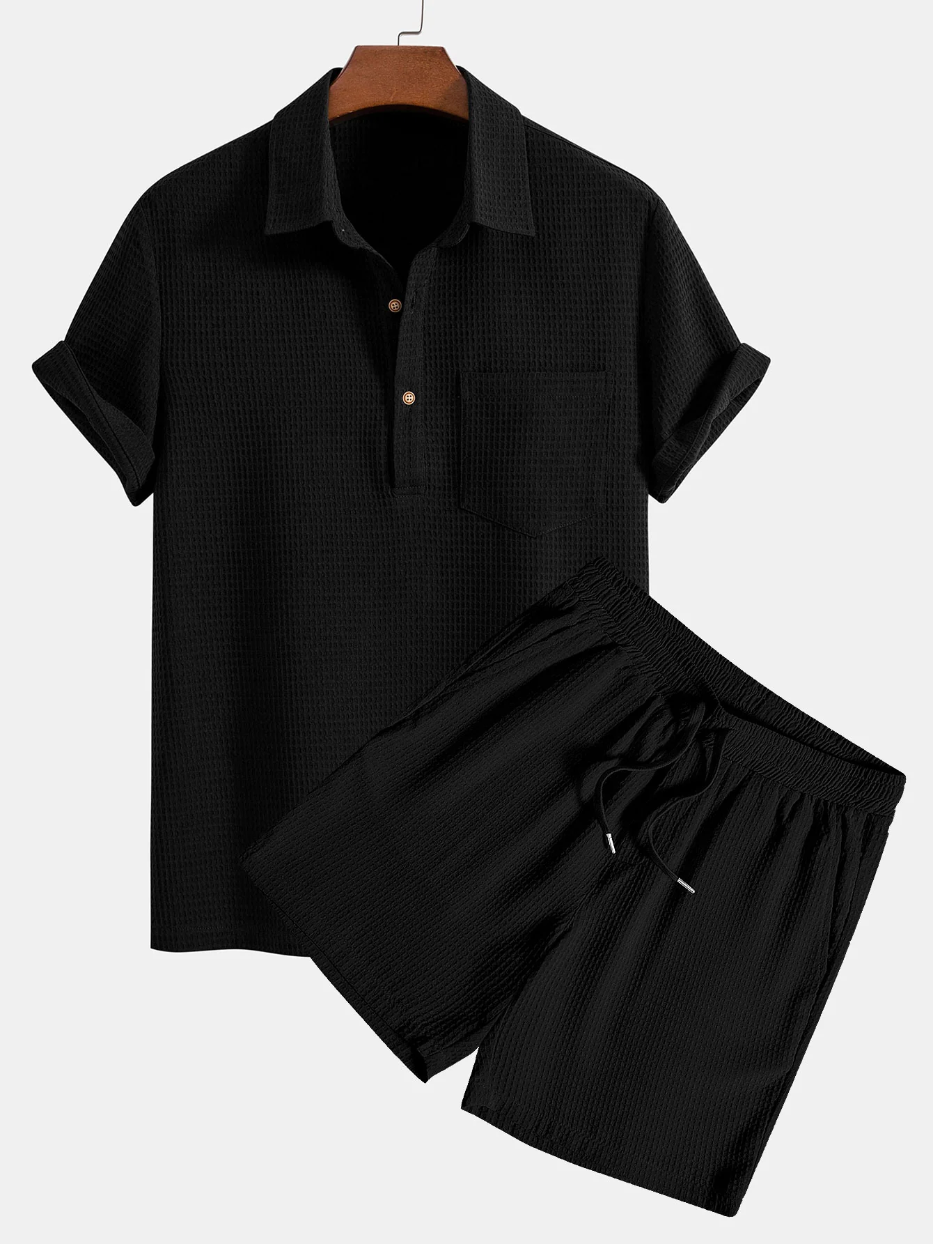 Waffle Polo-Kragen-Shirt mit Tasche & Waffle-Shorts - Image 2