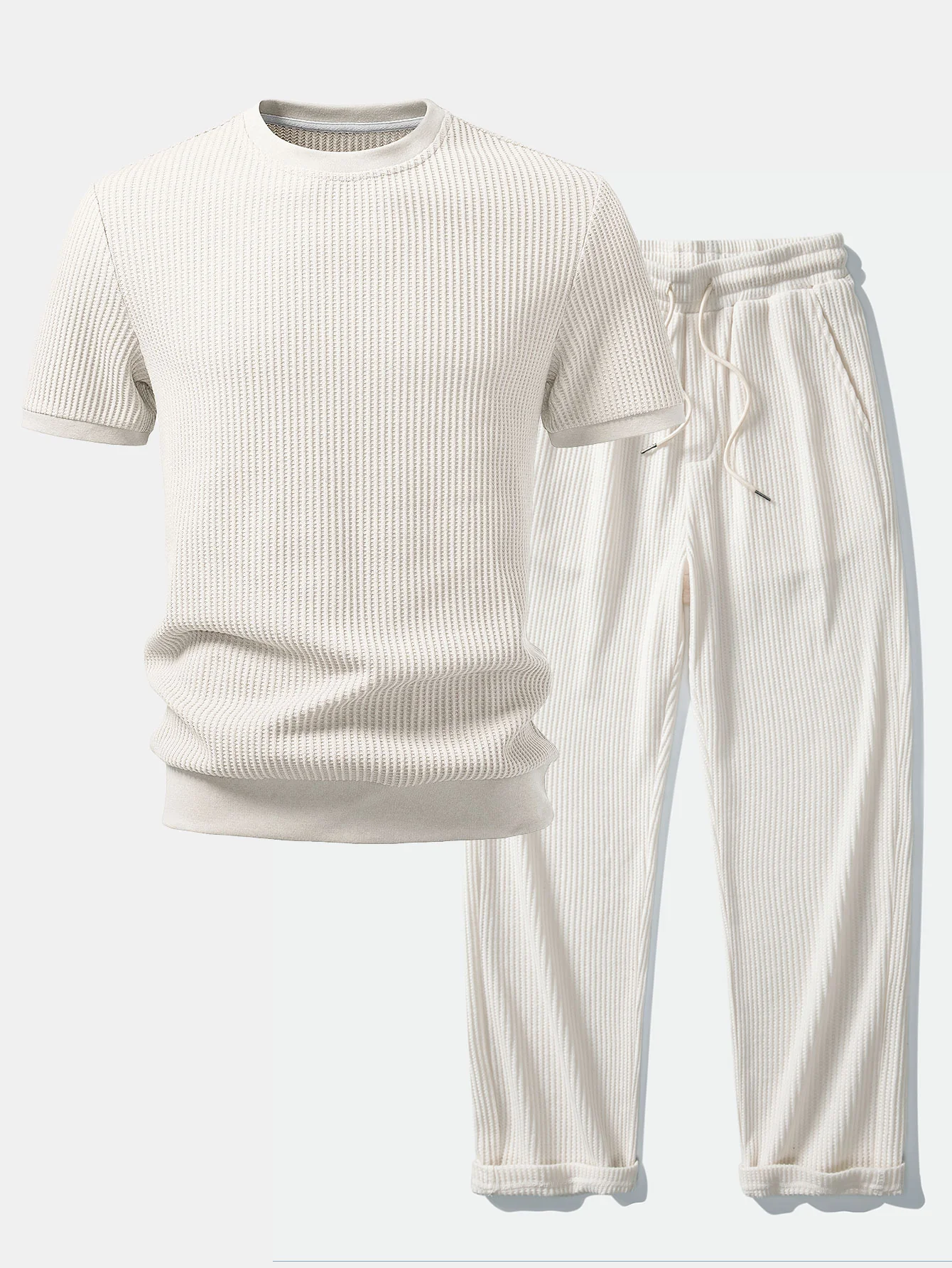 Waffle Ribbed Hem T-Shirt & Drawstring Knitted Waffle Pants - Image 2