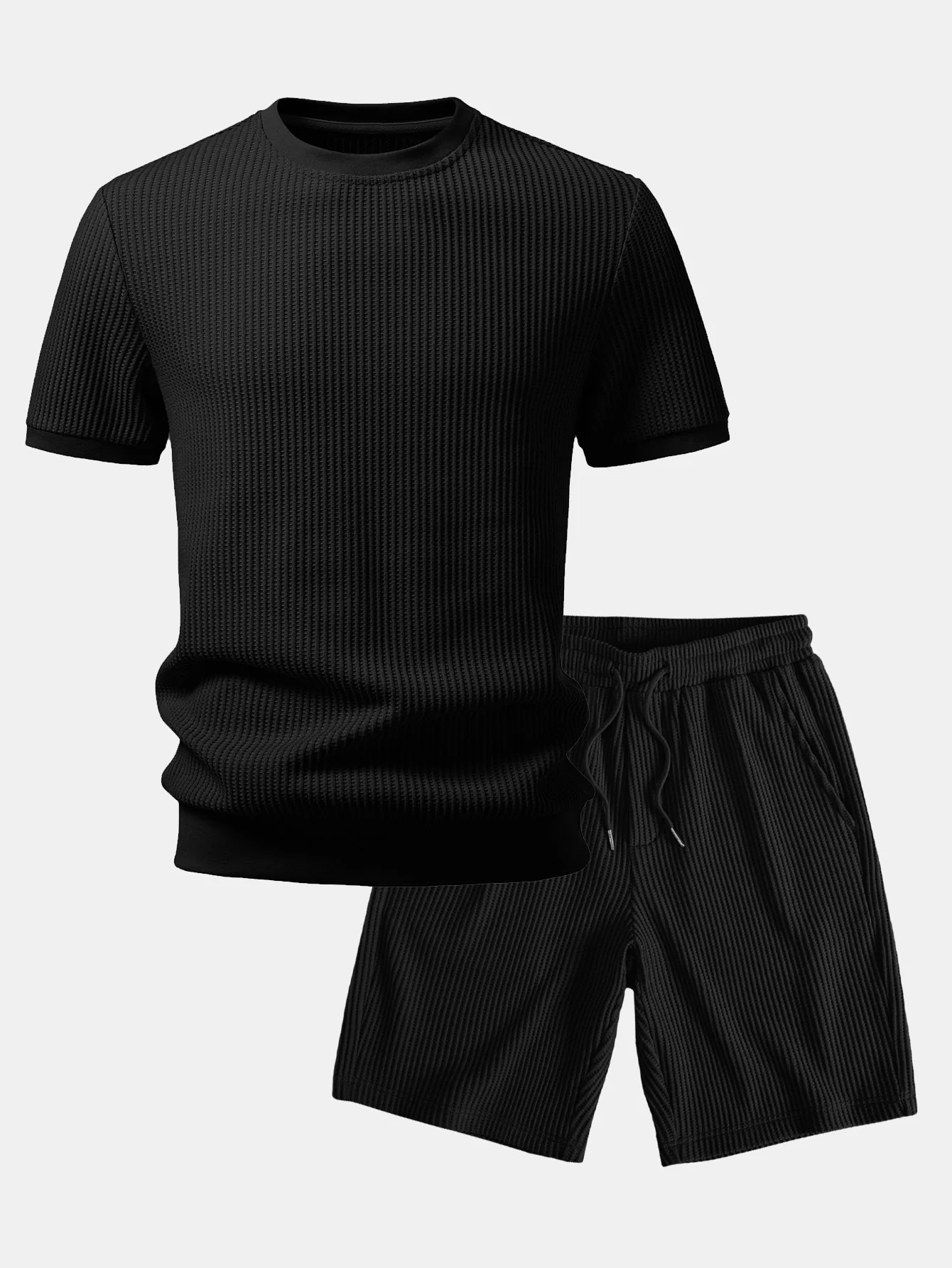 Waffle Ribbed Hem T-Shirt & Drawstring Knit Waffle Shorts