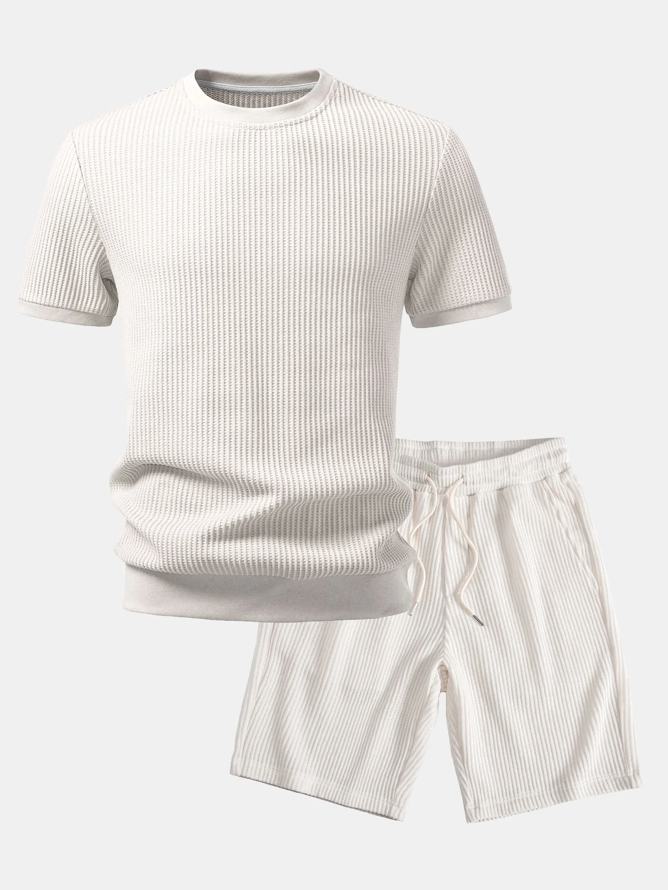 Waffle Ribbed Hem T-Shirt & Drawstring Knit Waffle Shorts - Image 2