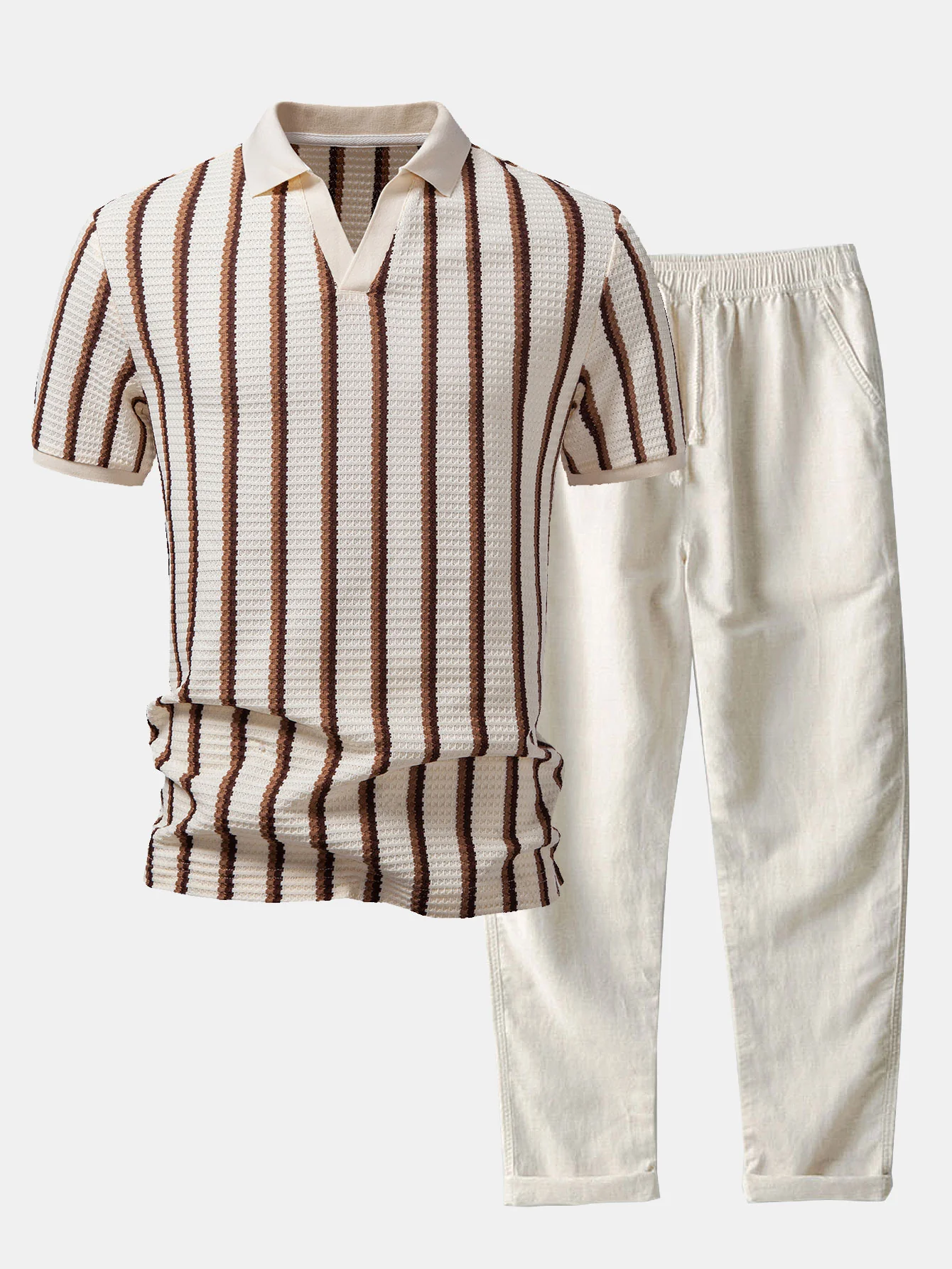 Waffle Stripe Johnny Collar Polo & Straight Leg Linen Pants