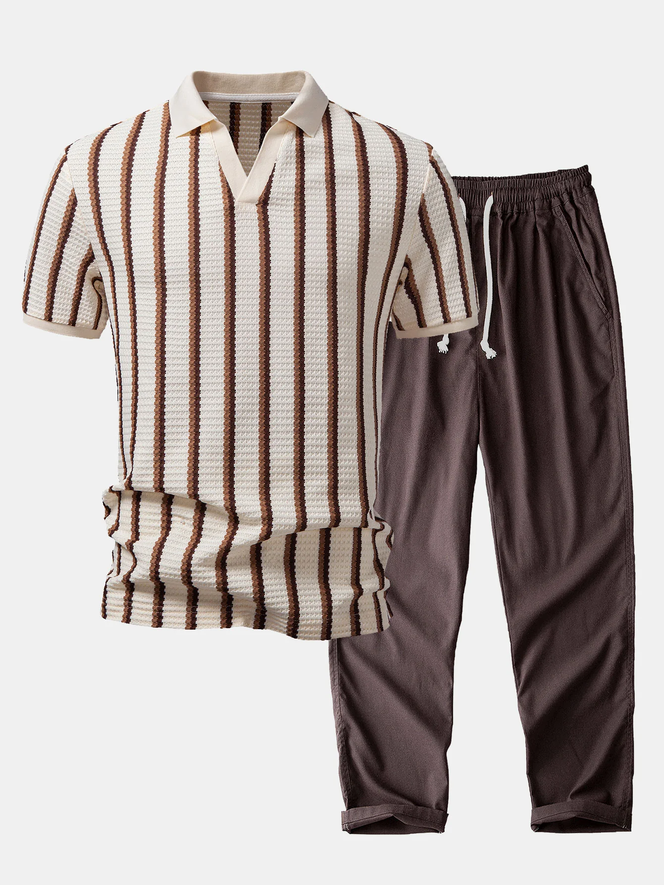 Waffle Stripe Johnny Collar Polo & Straight Leg Linen Pants - Image 2