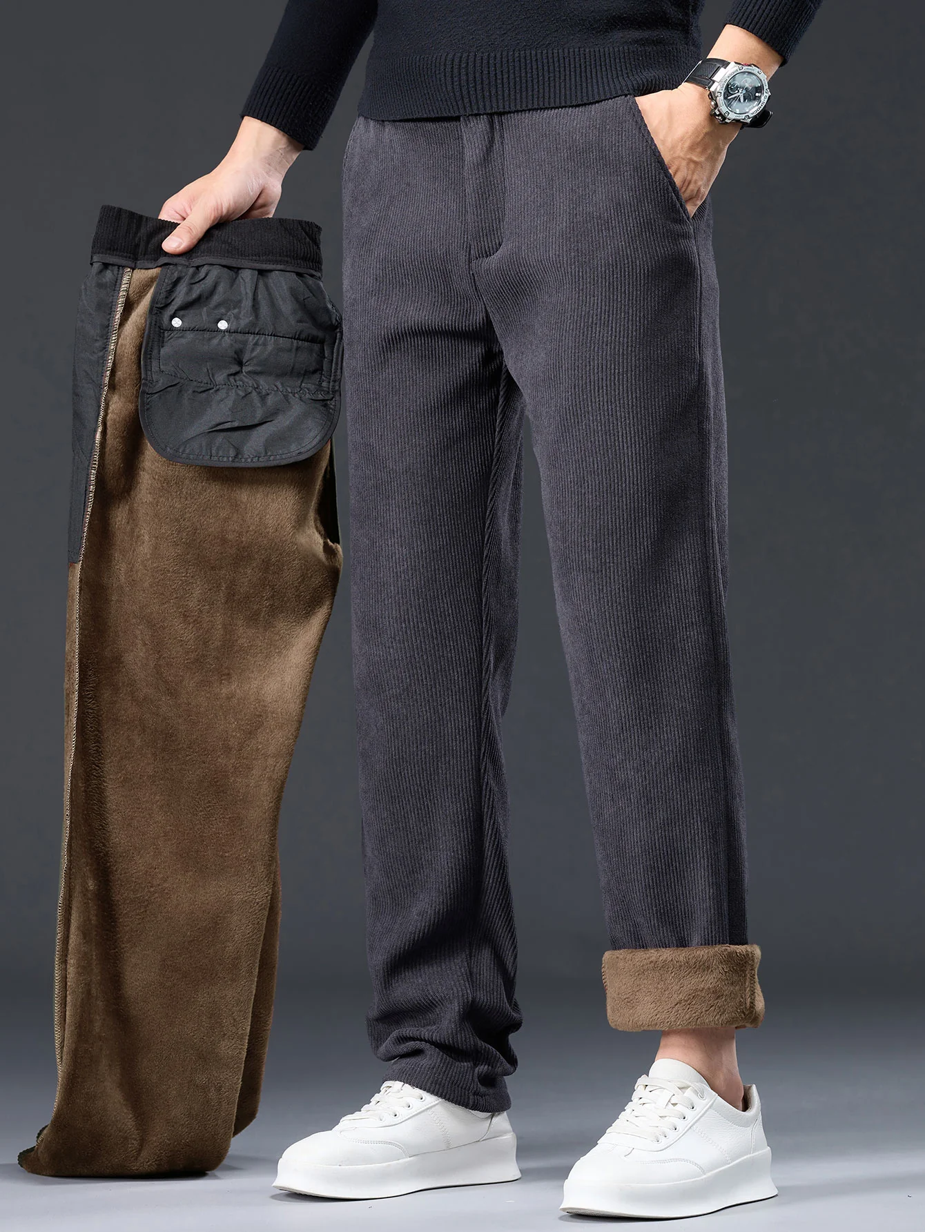 Warm Fleece-Lined Winter Straight Leg Corduroy Pants - Image 2