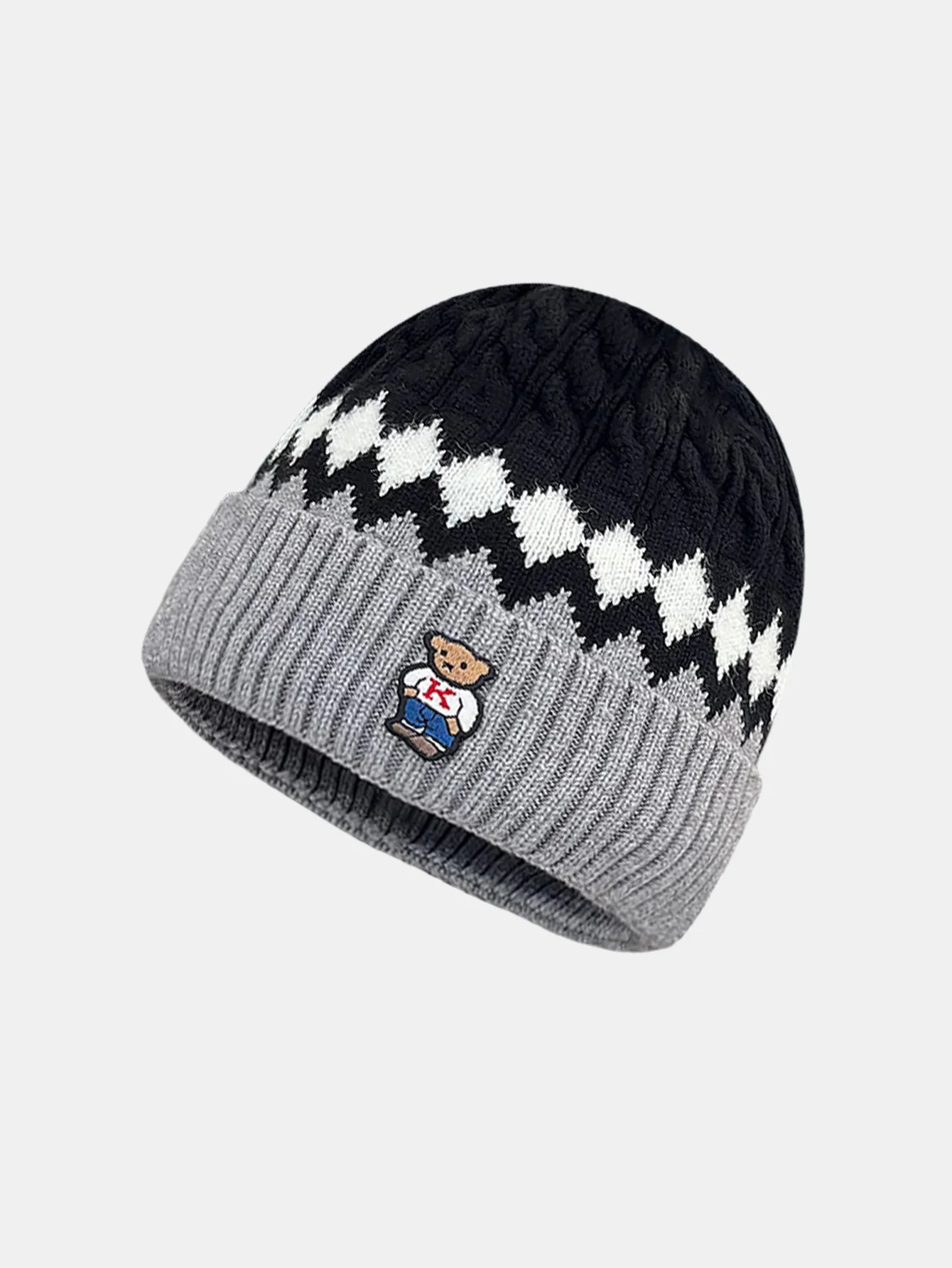 Warm Knitted Hat With A Little Bear Embroidery Pattern - Image 2