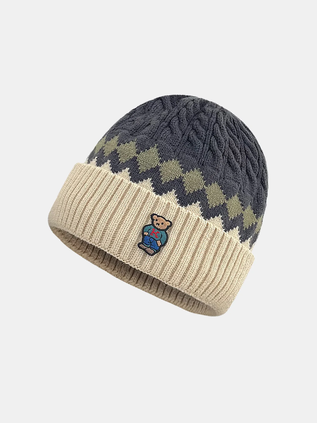 Warm Knitted Hat With A Little Bear Embroidery Pattern - Image 3
