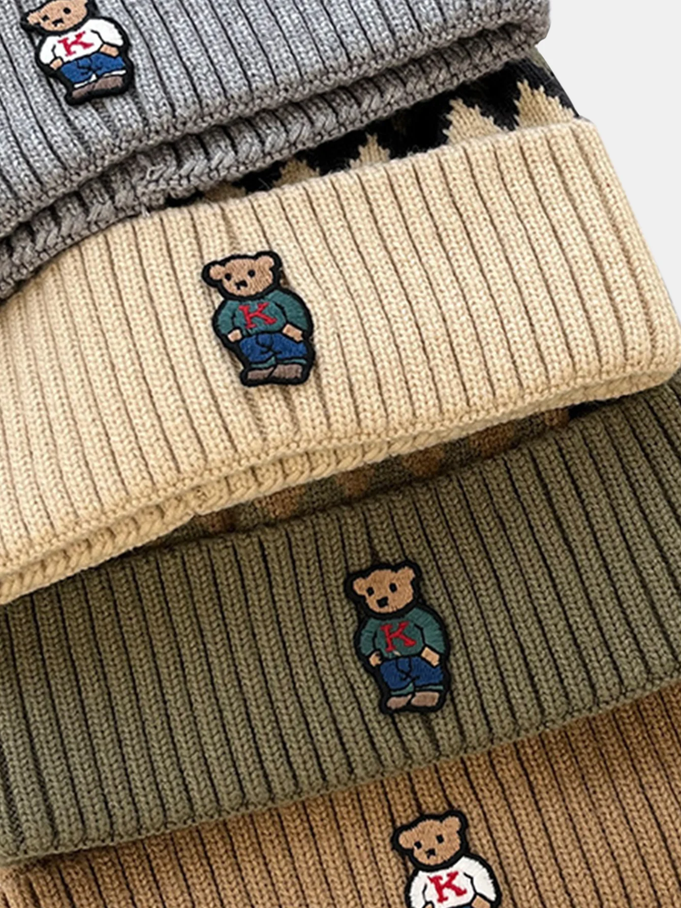 Warm Knitted Hat With A Little Bear Embroidery Pattern - Image 6