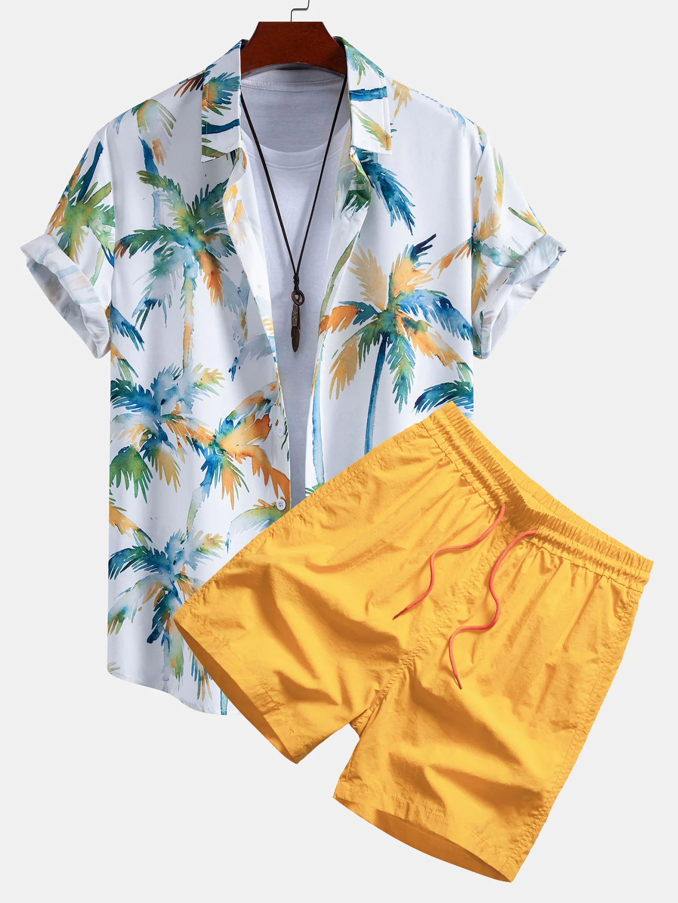 Watercolor Palm Tree Print Shirt & Swim Shorts