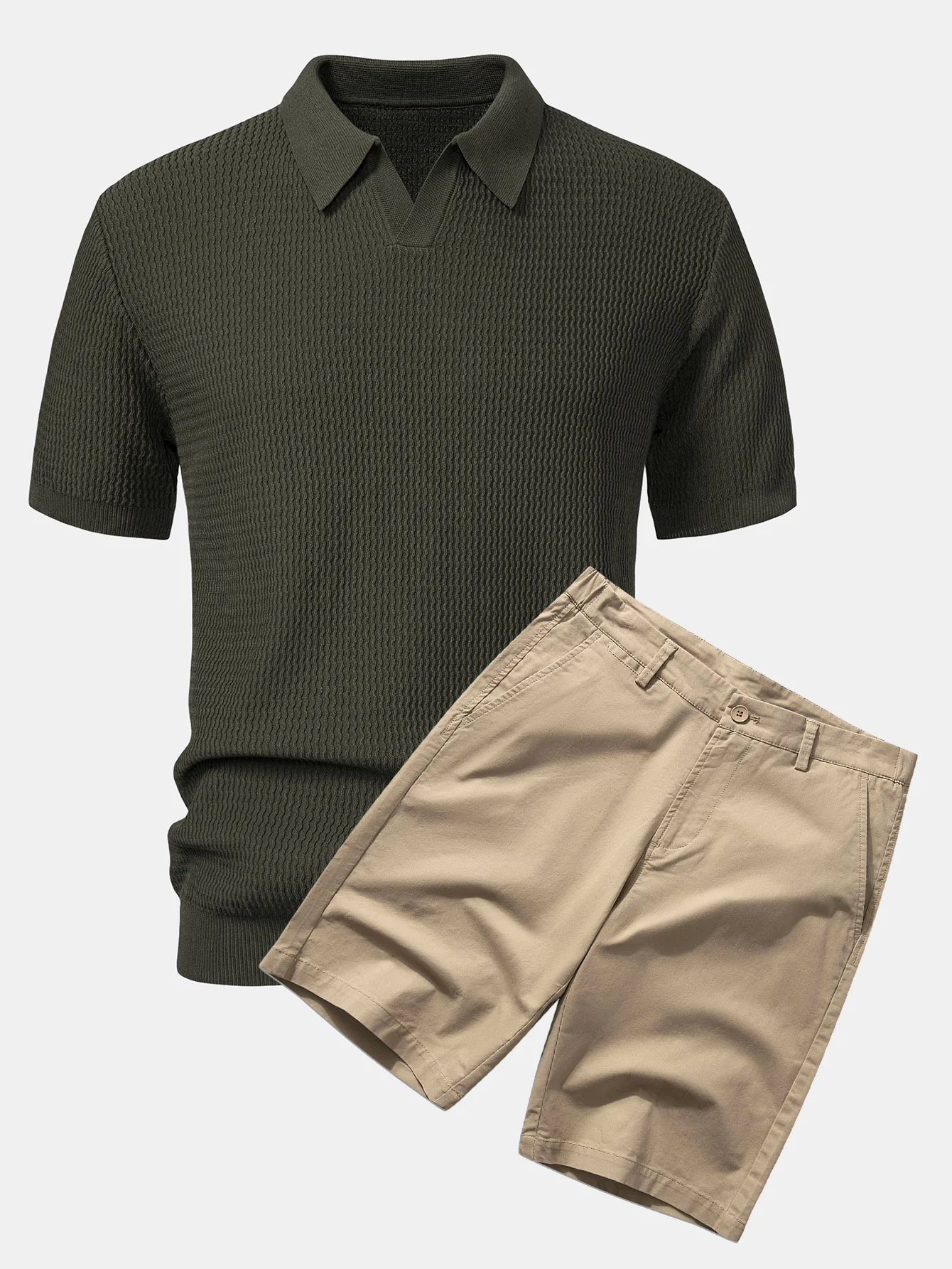 Wave Jacquard Strick V-Ausschnitt Poloshirts & Baumwoll Chino Shorts - Image 3