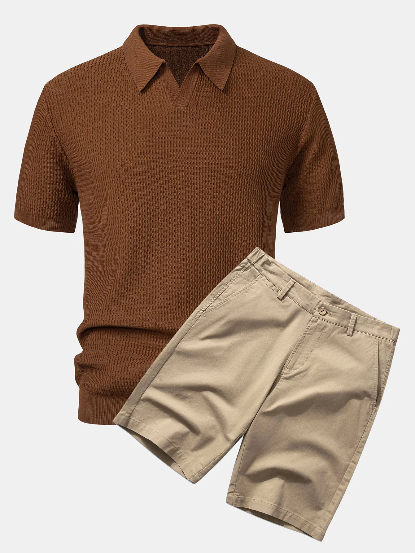 Wave Jacquard Strick V-Ausschnitt Poloshirts & Baumwoll Chino Shorts - Image 4
