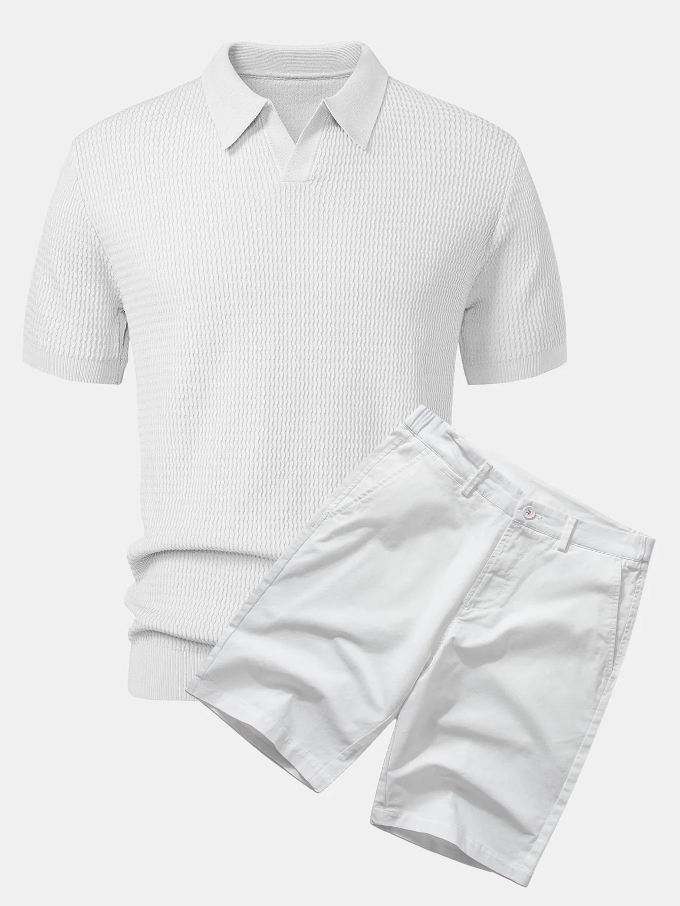 Wave Jacquard Strick V-Ausschnitt Poloshirts & Baumwoll Chino Shorts - Image 5