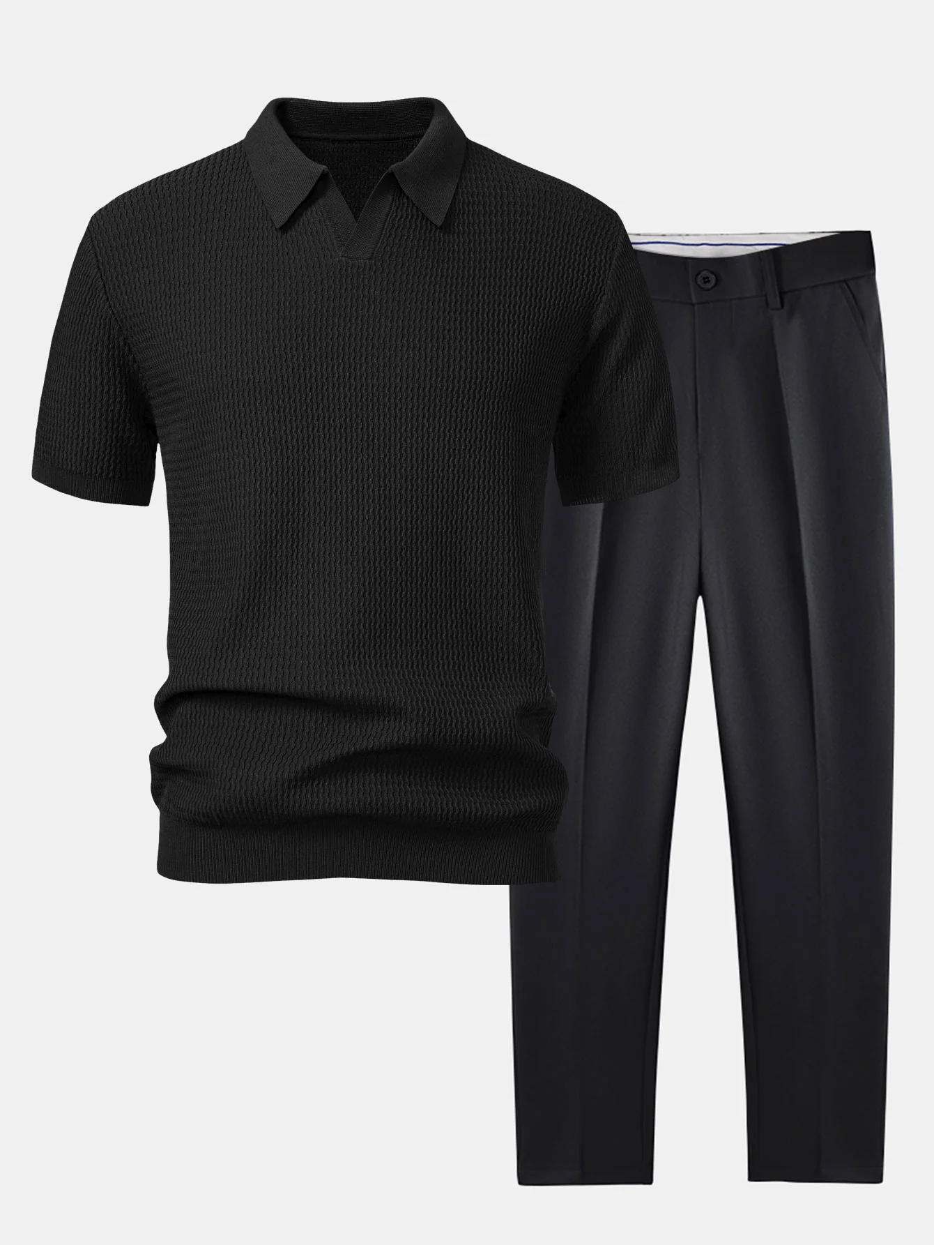 Wellen-Jacquard-Strick Polohemd mit V-Ausschnitt & schlanke, konisch zulaufende Hose - Image 2