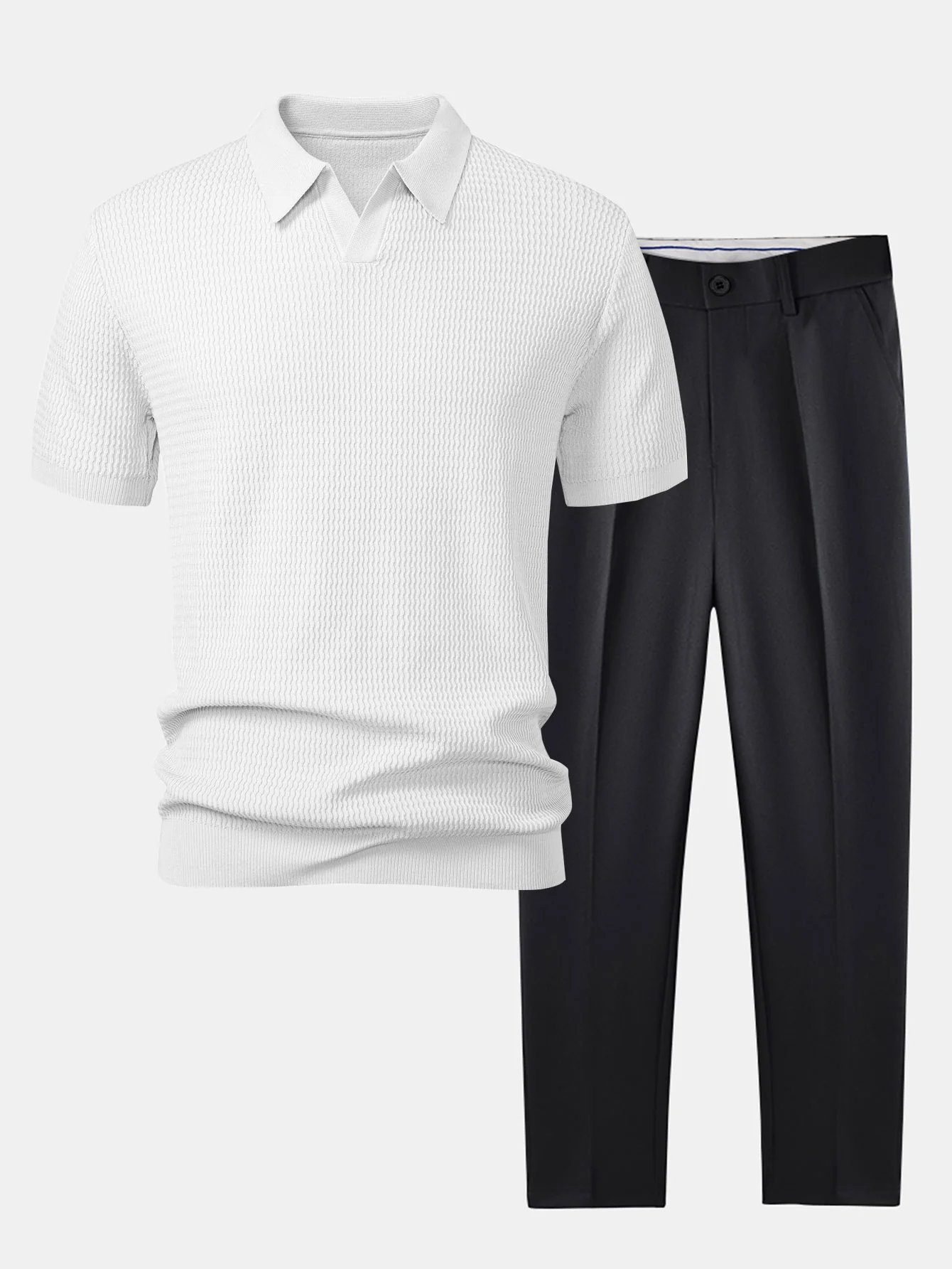 Wellen-Jacquard-Strick Polohemd mit V-Ausschnitt & schlanke, konisch zulaufende Hose - Image 3