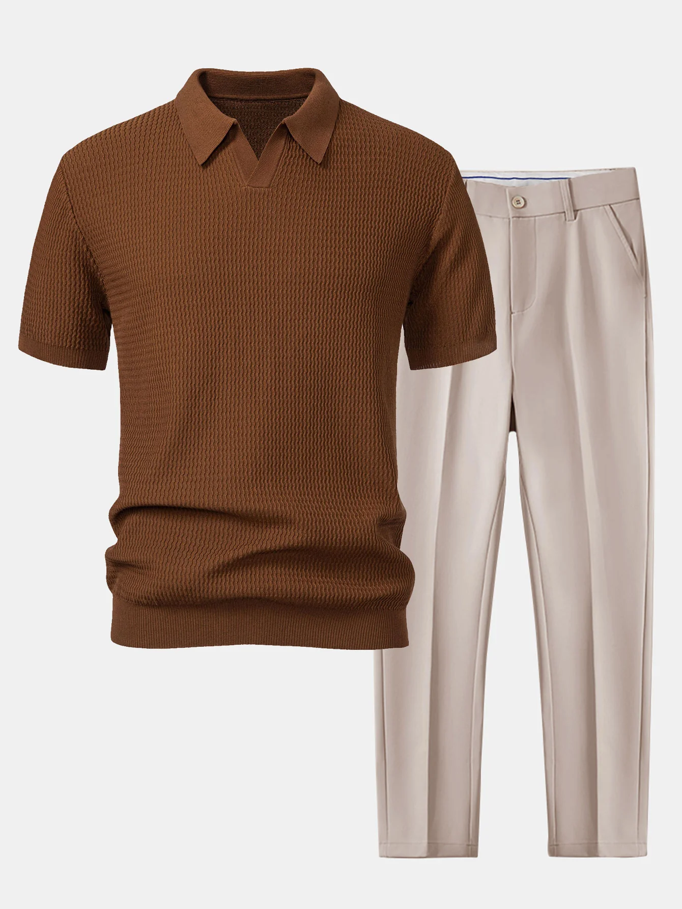 Wellen-Jacquard-Strick Polohemd mit V-Ausschnitt & schlanke, konisch zulaufende Hose - Image 4