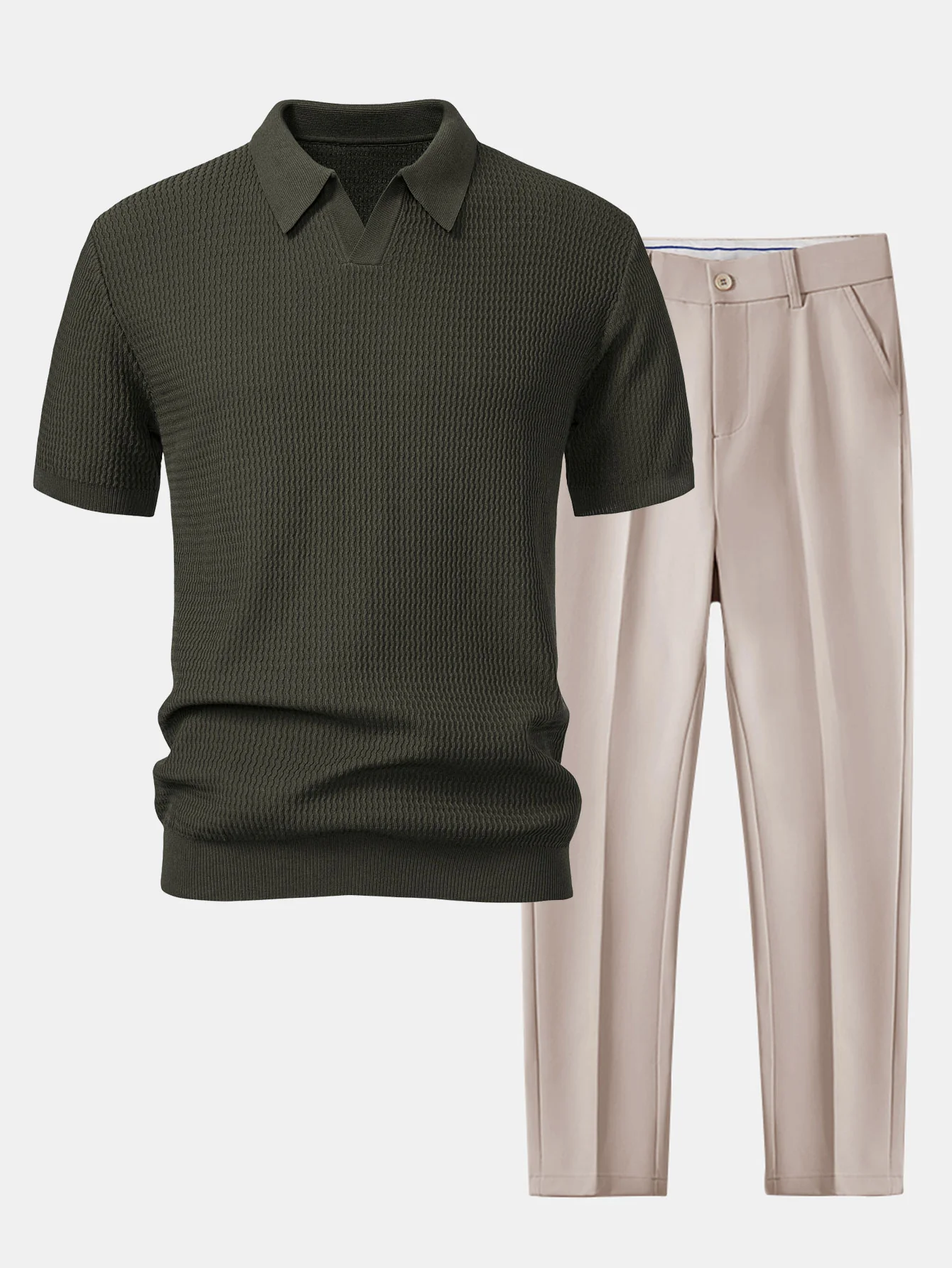 Wellen-Jacquard-Strick Polohemd mit V-Ausschnitt & schlanke, konisch zulaufende Hose - Image 5