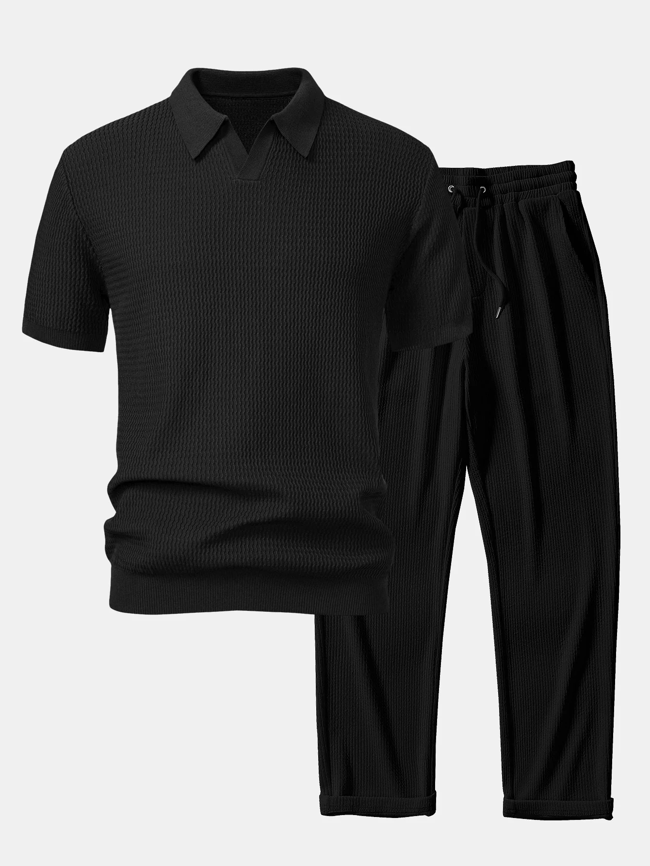Wellen-Jacquard-Strick Polohemd mit V-Ausschnitt & gerade geschnittene, gerippte Hose - Image 2