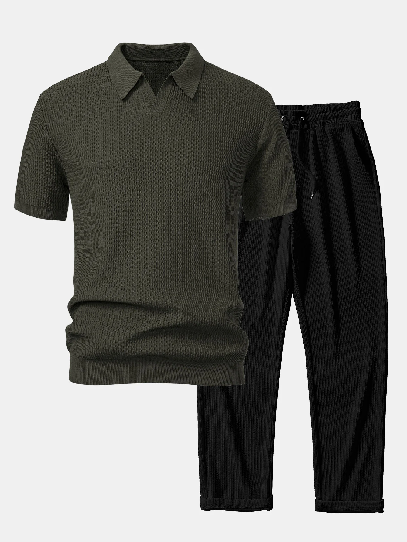 Wellen-Jacquard-Strick Polohemd mit V-Ausschnitt & gerade geschnittene, gerippte Hose - Image 3