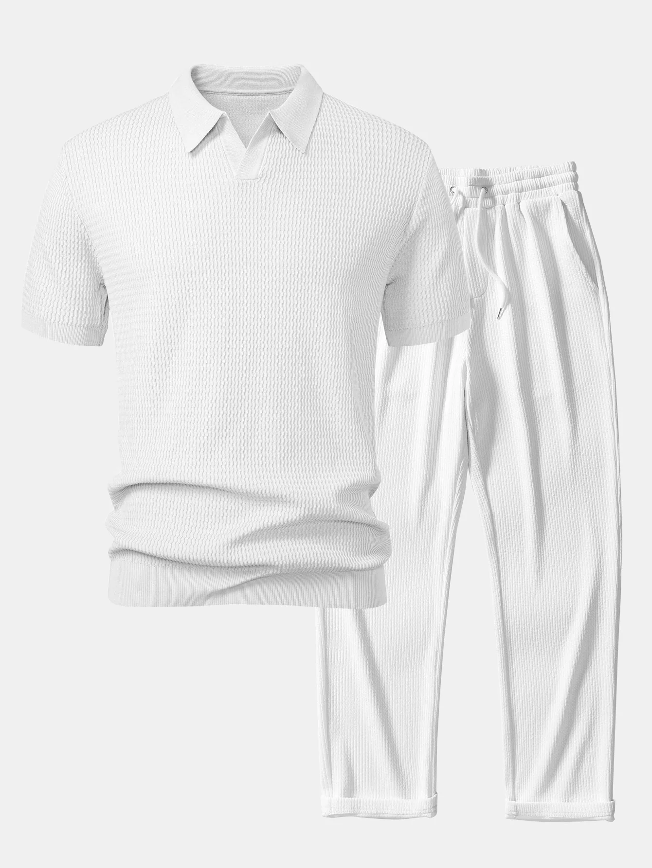 Wellen-Jacquard-Strick Polohemd mit V-Ausschnitt & gerade geschnittene, gerippte Hose - Image 4