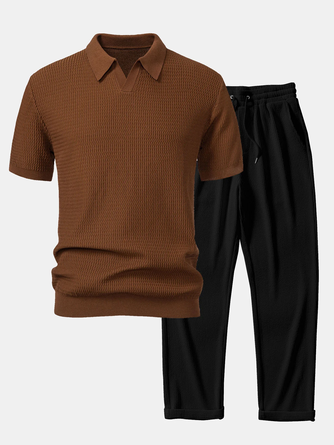 Wellen-Jacquard-Strick Polohemd mit V-Ausschnitt & gerade geschnittene, gerippte Hose - Image 5