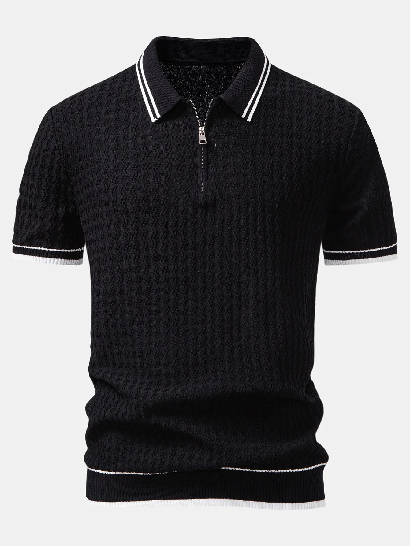 Wave Jacquard Reißverschluss Strick Poloshirts - Image 3