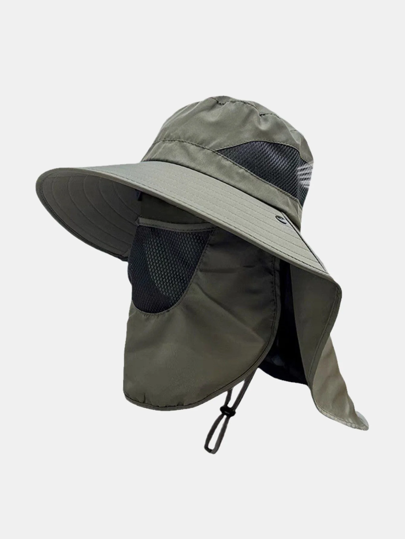 Wide-Brimmed Bucket Hat With Detachable Face And Neck Flap — Features Breathable Mesh Material And Adjustable Drawstring