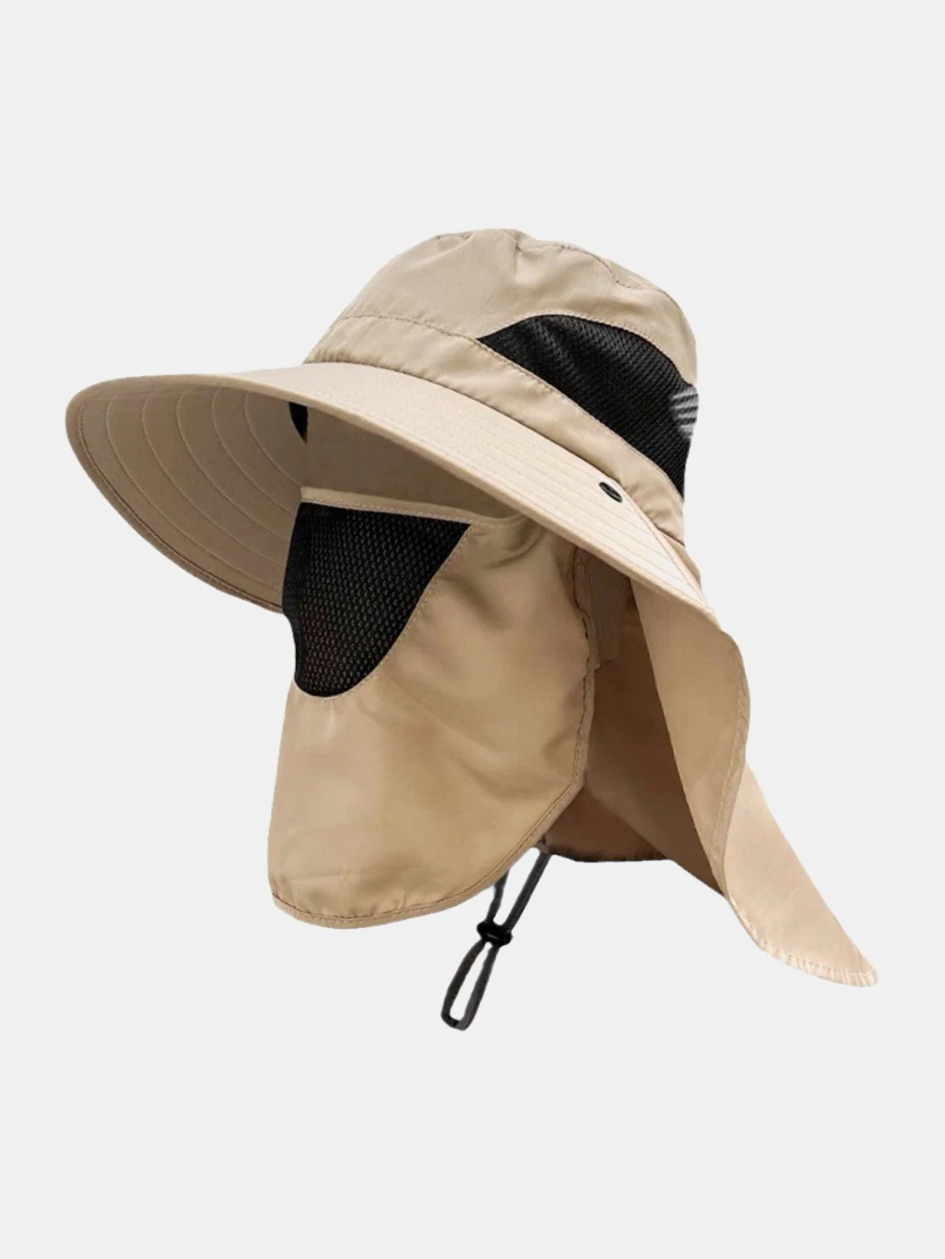 Wide-Brimmed Bucket Hat With Detachable Face And Neck Flap — Features Breathable Mesh Material And Adjustable Drawstring - Image 2