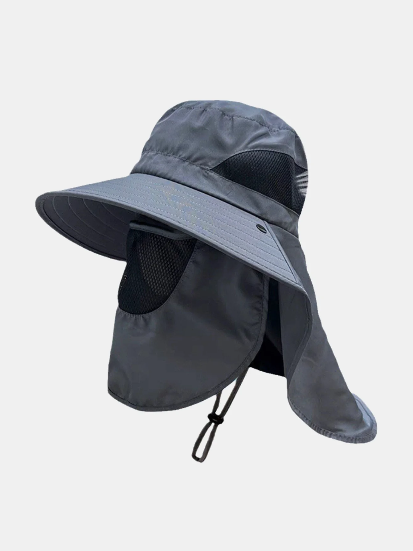 Wide-Brimmed Bucket Hat With Detachable Face And Neck Flap — Features Breathable Mesh Material And Adjustable Drawstring - Image 3