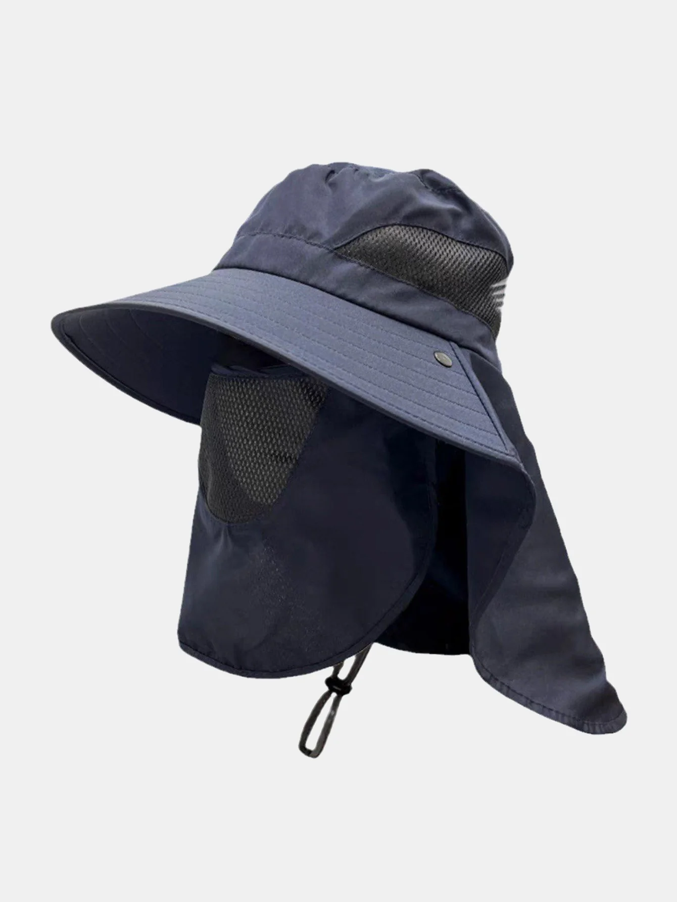 Wide-Brimmed Bucket Hat With Detachable Face And Neck Flap — Features Breathable Mesh Material And Adjustable Drawstring - Image 4