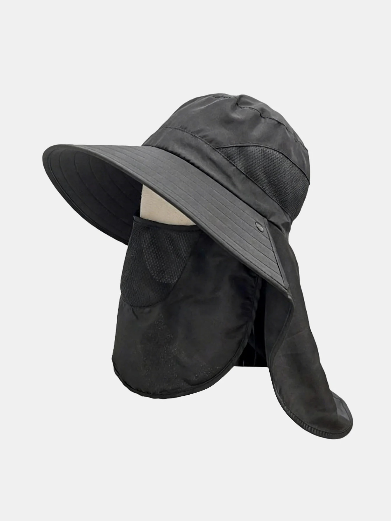 Wide-Brimmed Bucket Hat With Detachable Face And Neck Flap — Features Breathable Mesh Material And Adjustable Drawstring - Image 5
