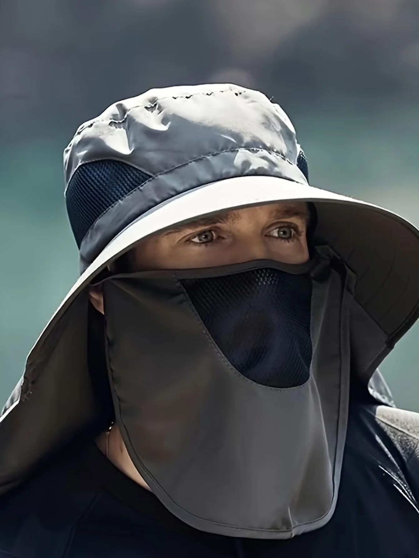 Wide-Brimmed Bucket Hat With Detachable Face And Neck Flap — Features Breathable Mesh Material And Adjustable Drawstring - Image 8