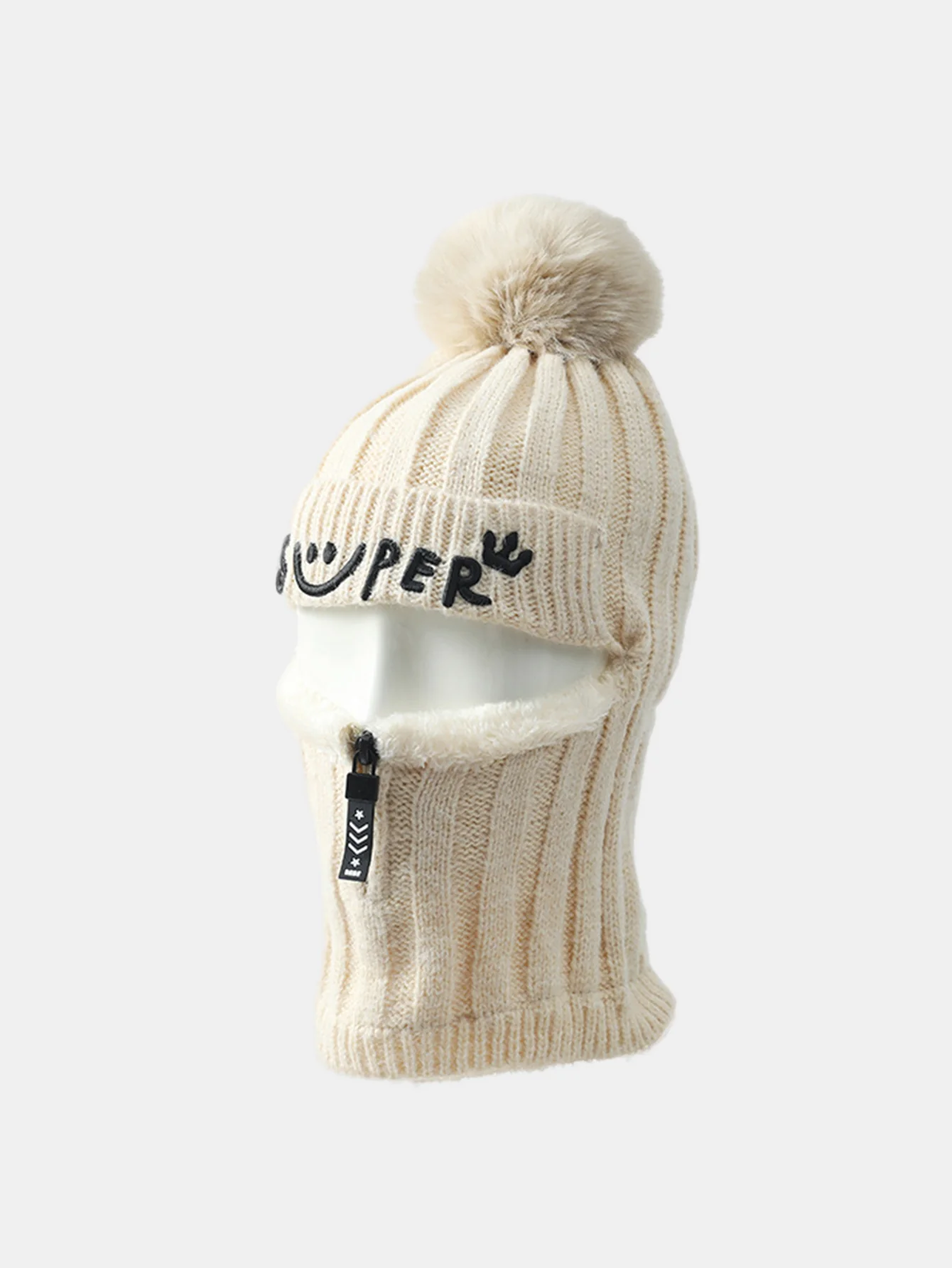 Winter Fleece-Lined Beanie Hat With Zipper Face Mask - Image 2