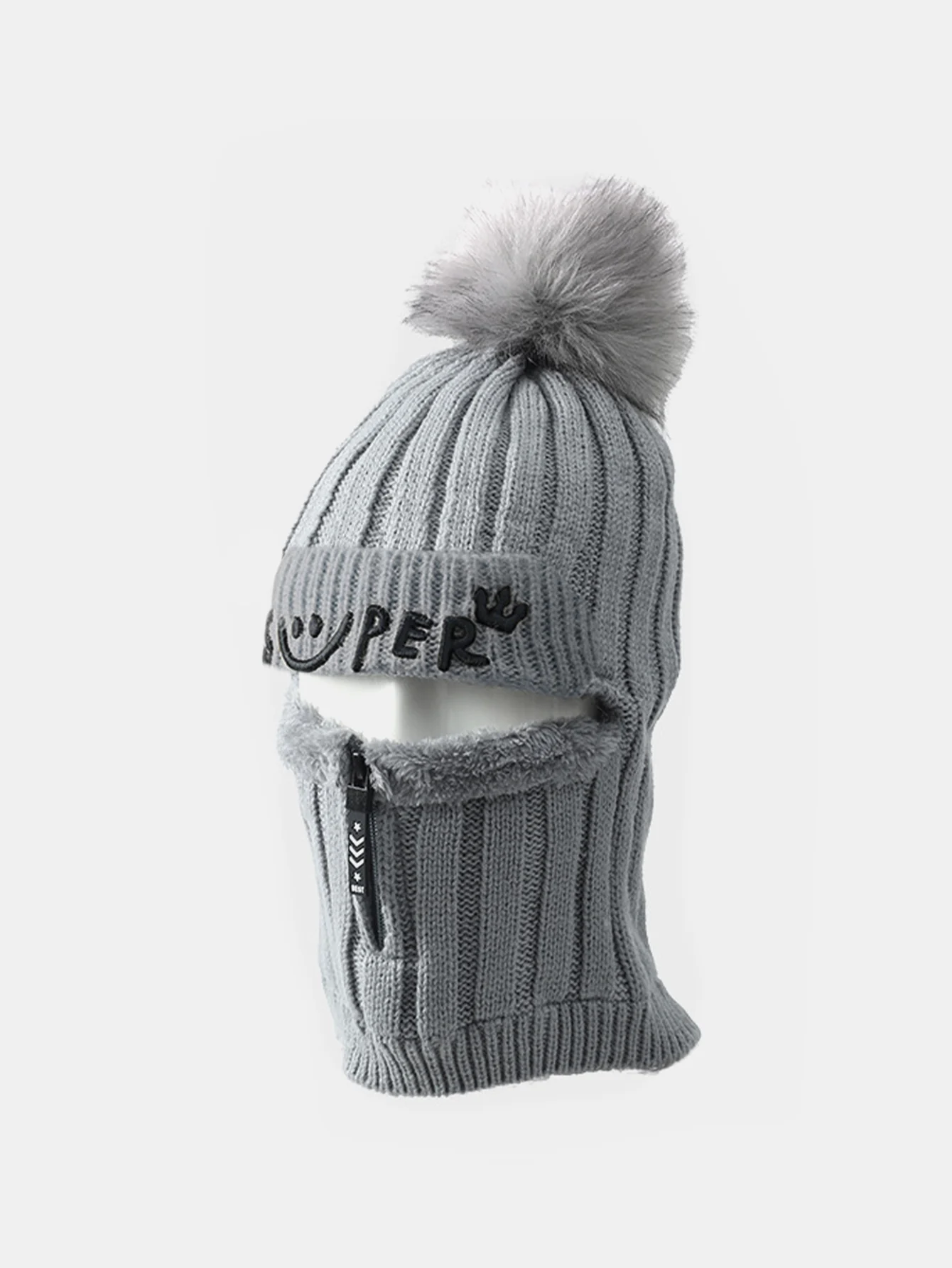 Winter Fleece-Lined Beanie Hat With Zipper Face Mask - Image 4