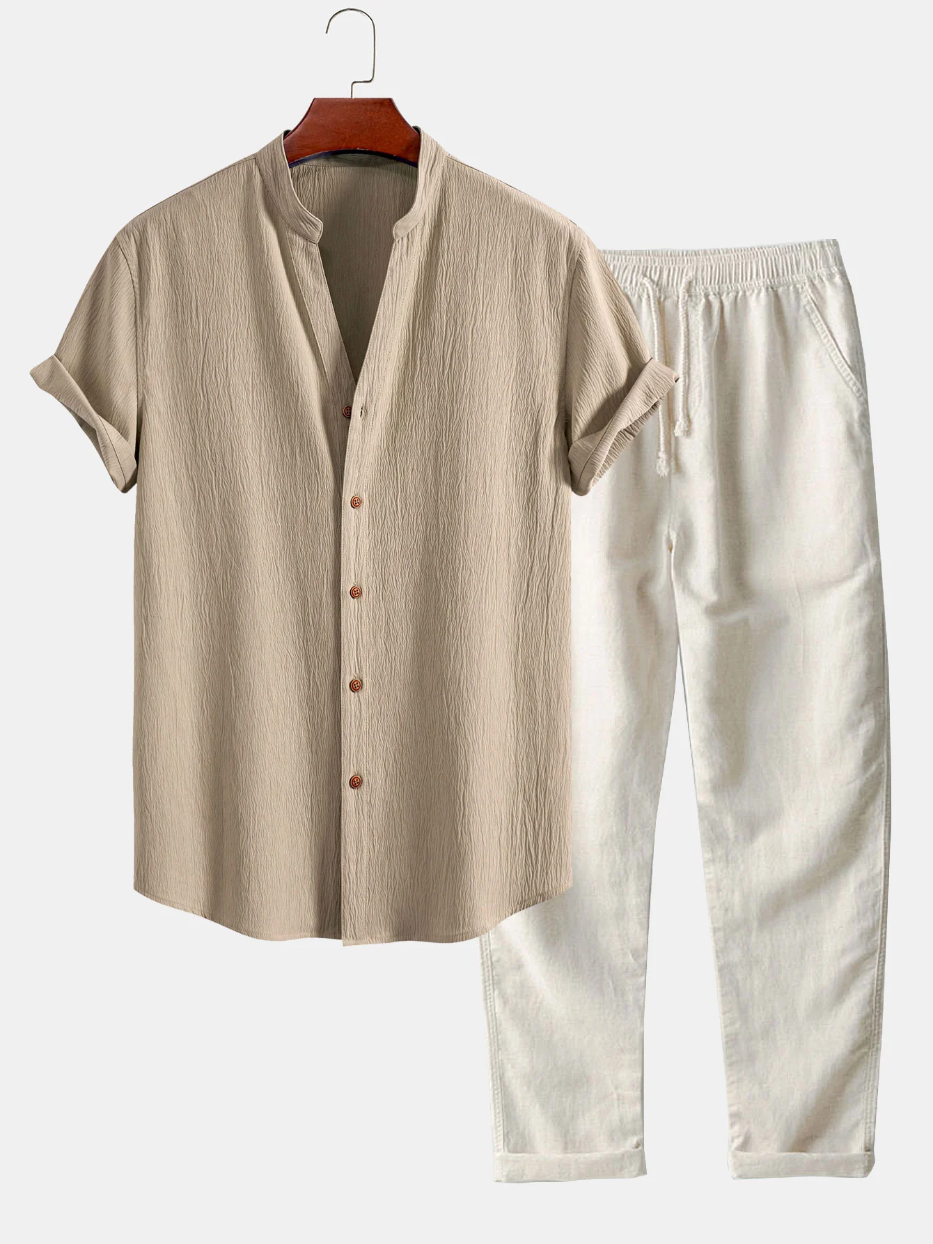 Geripptes Texturiertes V-Ausschnitt Shirt & Leinenhose mit geradem Bein - Image 2