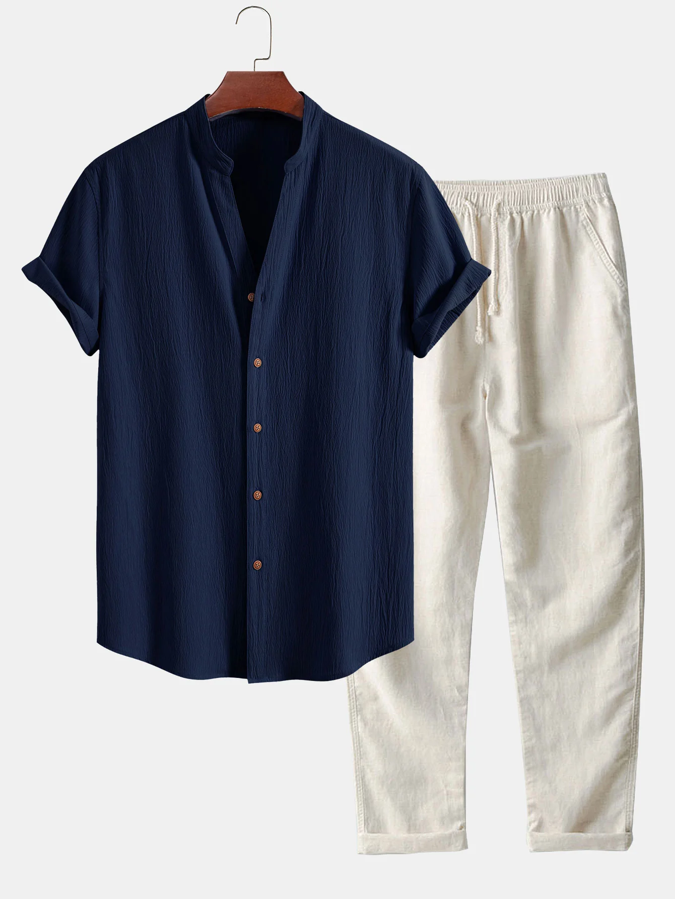 Geripptes Texturiertes V-Ausschnitt Shirt & Leinenhose mit geradem Bein - Image 3