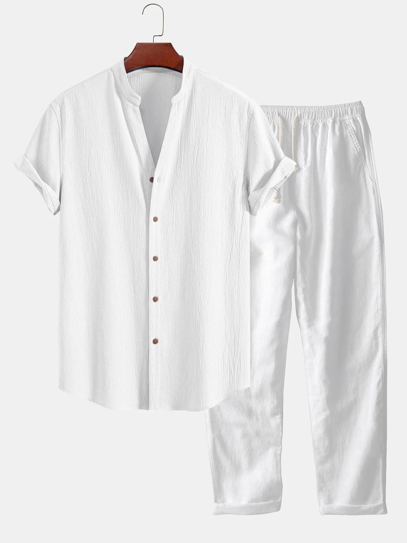 Geripptes Texturiertes V-Ausschnitt Shirt & Leinenhose mit geradem Bein - Image 4