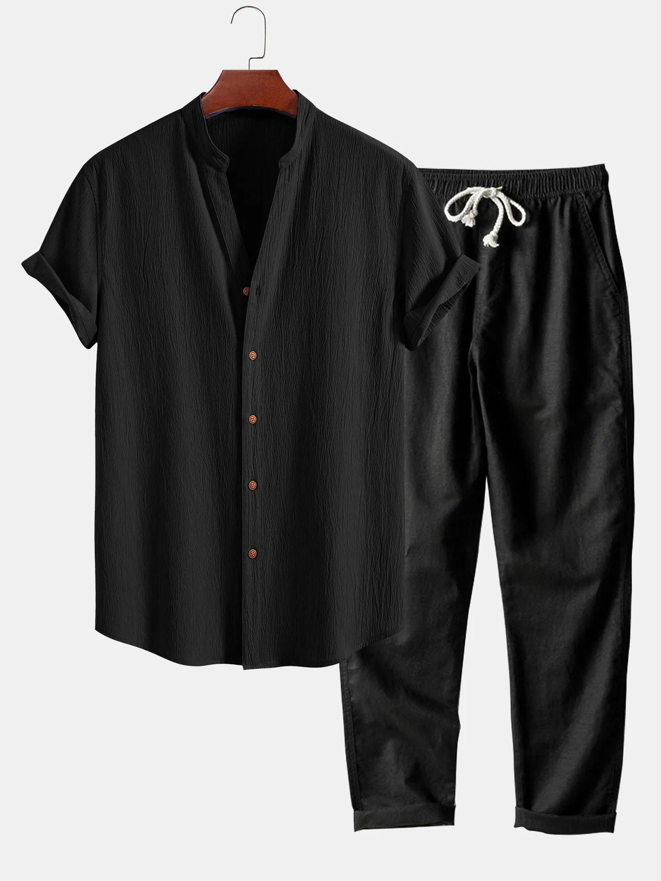 Geripptes Texturiertes V-Ausschnitt Shirt & Leinenhose mit geradem Bein - Image 5