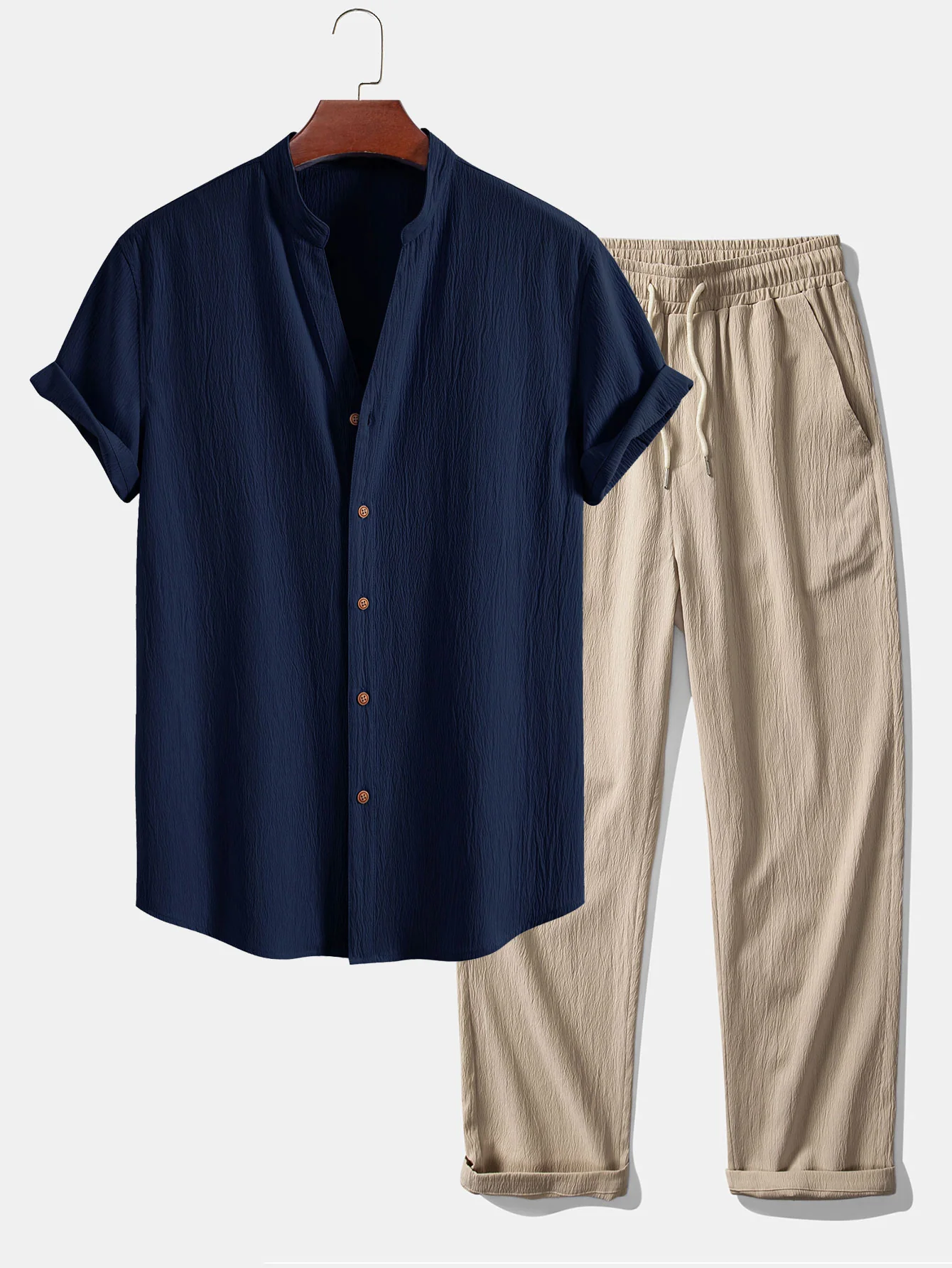 Faltige Textur<tc>rot</tc> V-Ausschnitt-Shirt & Wrinkle-Textur<tc>rot</tc> Gerade geschnittene Hose