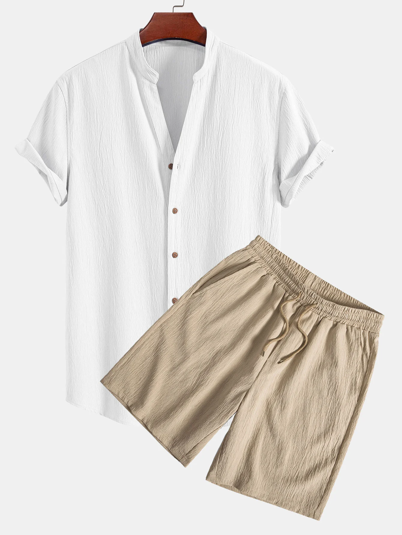 Faltige Textur<tc>rot</tc> Shirt mit V-Ausschnitt und faltiger Textur<tc>rot</tc> Shorts mit Kordelzug
