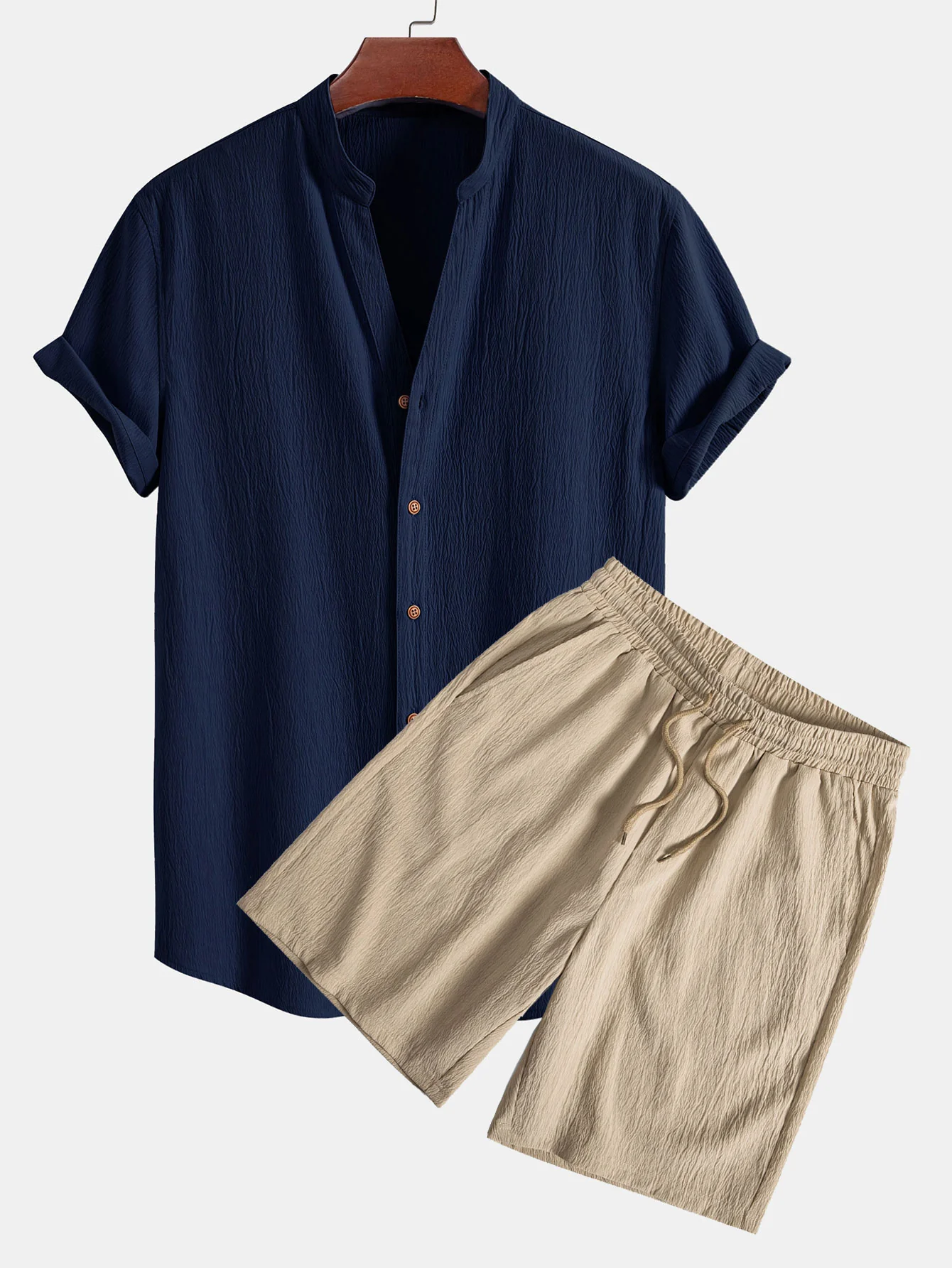 Faltige Textur<tc>rot</tc> Shirt mit V-Ausschnitt und faltiger Textur<tc>rot</tc> Shorts mit Kordelzug - Image 2