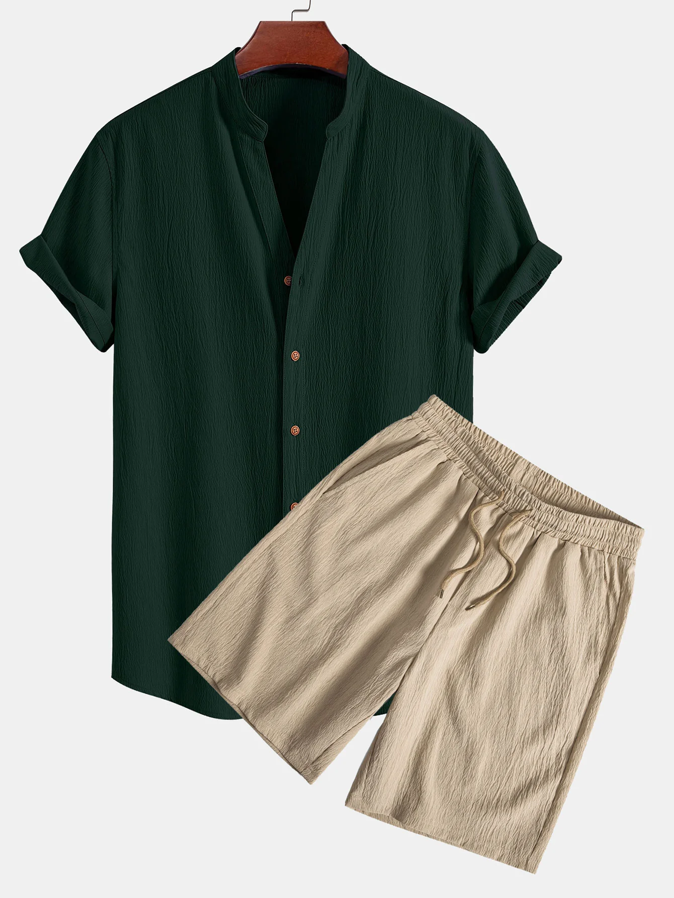 Faltige Textur<tc>rot</tc> Shirt mit V-Ausschnitt und faltiger Textur<tc>rot</tc> Shorts mit Kordelzug - Image 3