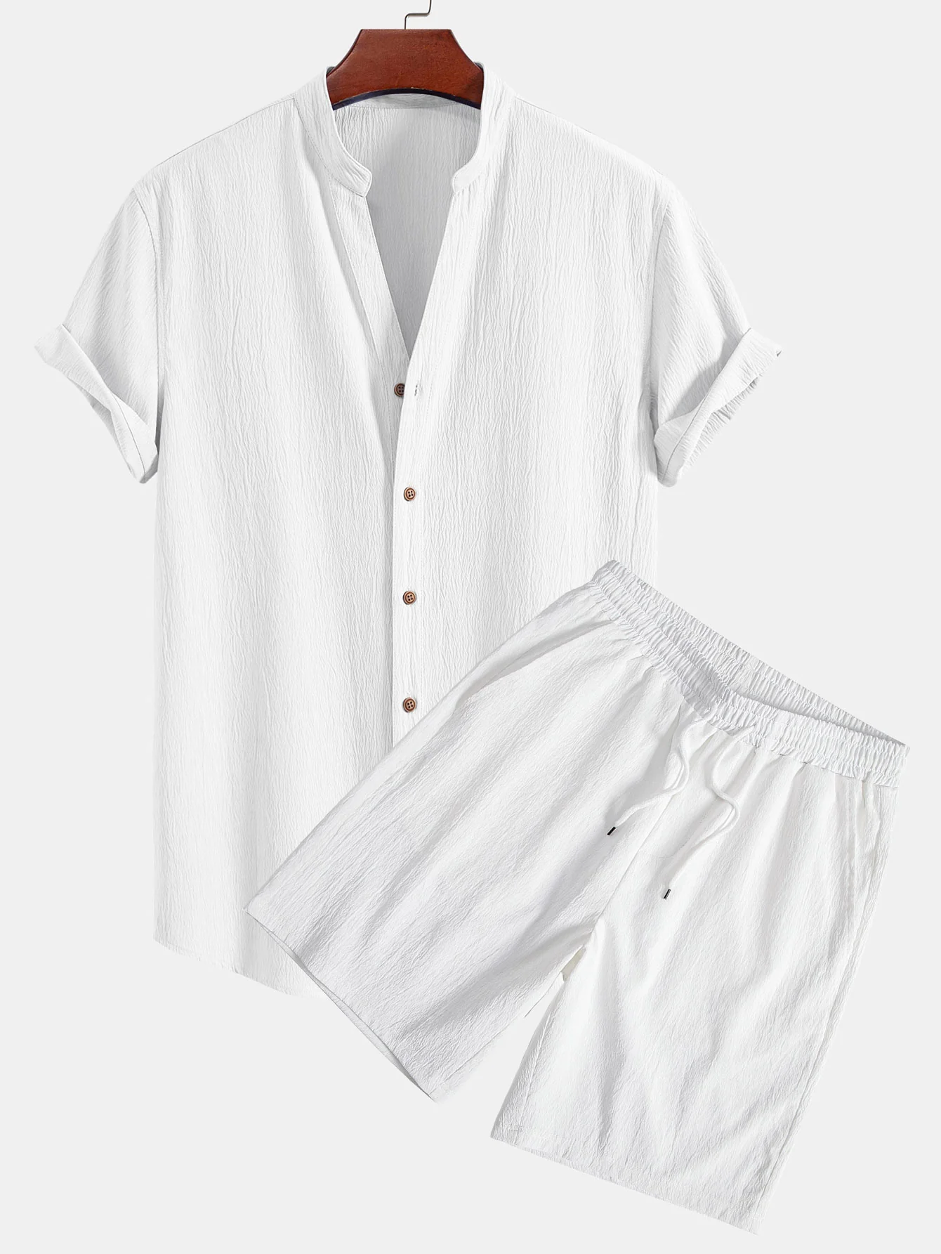 Faltige Textur<tc>rot</tc> Shirt mit V-Ausschnitt und faltiger Textur<tc>rot</tc> Shorts mit Kordelzug - Image 4