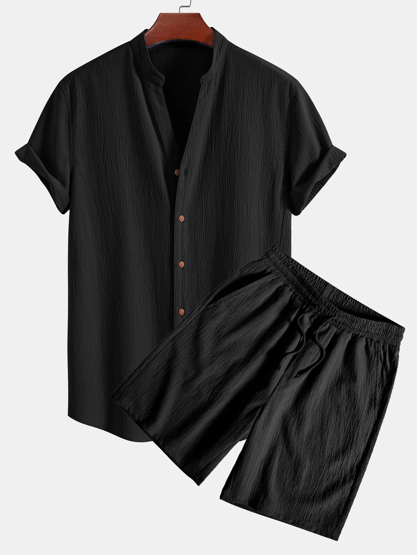 Faltige Textur<tc>rot</tc> Shirt mit V-Ausschnitt und faltiger Textur<tc>rot</tc> Shorts mit Kordelzug - Image 5